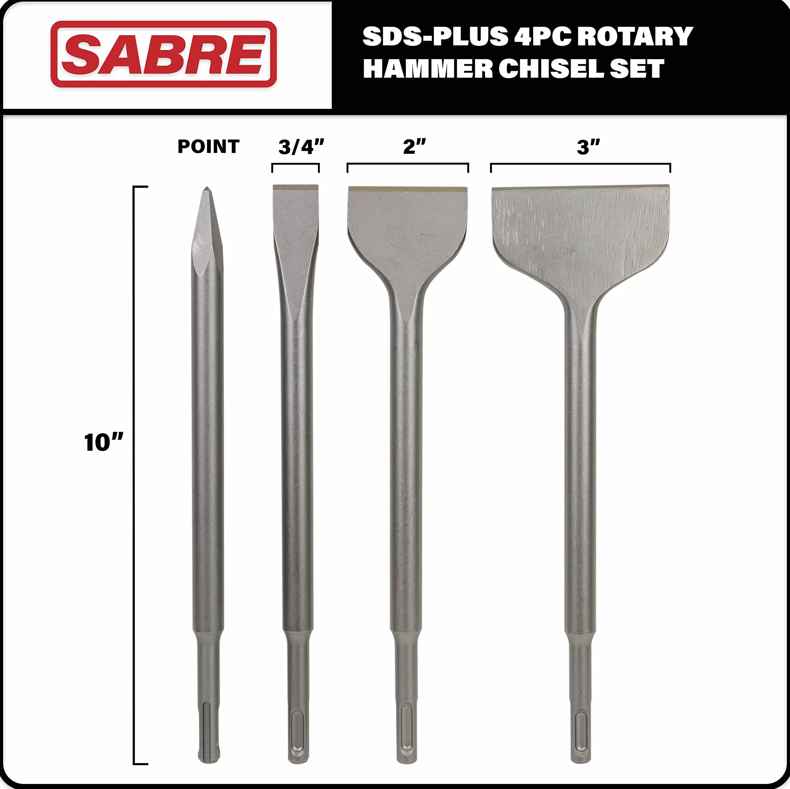 SDS Plus 4-częściowy zestaw dłut, wiertło do skrobania cienkiego 7,6 cm x 25,4 cm, dłuto punktowe, dłuto płaskie, szerokie dłuto - dłuto SDS do wiertarek udarowych - usuwanie płytek