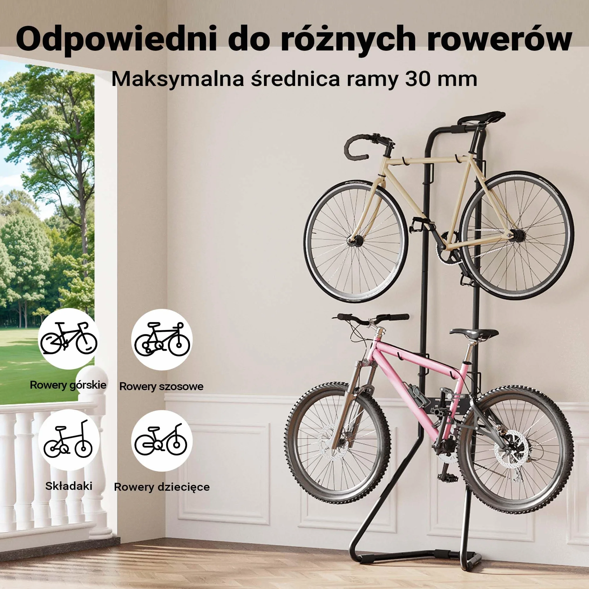 Wiltec Stojak na 2 rowery o udźwigu do 40 kg, wolnostojący uchwyt na rowery o wymiarach 665 x 558 x 2190 mm bez wiercenia w ścianie