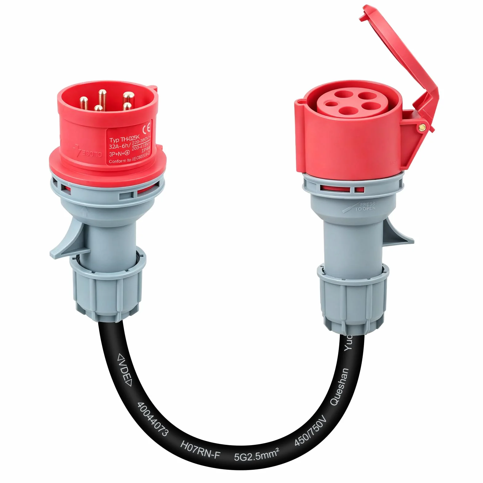 Adapter CEE 32 A wtyczka na złącze 16 A, 3-fazowy adapter prądu silnego, kabel VED, 5-rdzeniowy rdzeń z mosiądzu, 5 x 2,5 mm², kabel zasilający 415 V maks. IP44, 32 A na 16 A, odpowiedni do przemysłu