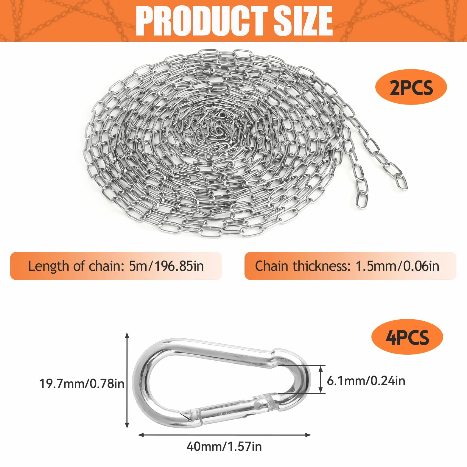 Łańcuch ze stali nierdzewnej, 2 sztuki, towar sprzedawany na metry, 1,5 mm x 5 m, łańcuch ze stali nierdzewnej, trwały łańcuch ogniwowy, okrągły łańcuch ze stali nierdzewnej, z 4 karabińczykami do