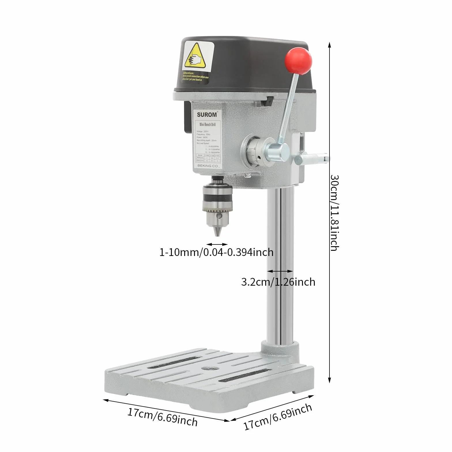 Mini wiertarka kolumnowa, regulowana 3-biegowa wiertarka stołowa, 340 W, uchwyt wiertarski 1-10 mm, głębokość wiercenia 25 mm, idealna do majsterkowania, modelarstwa i nauczania