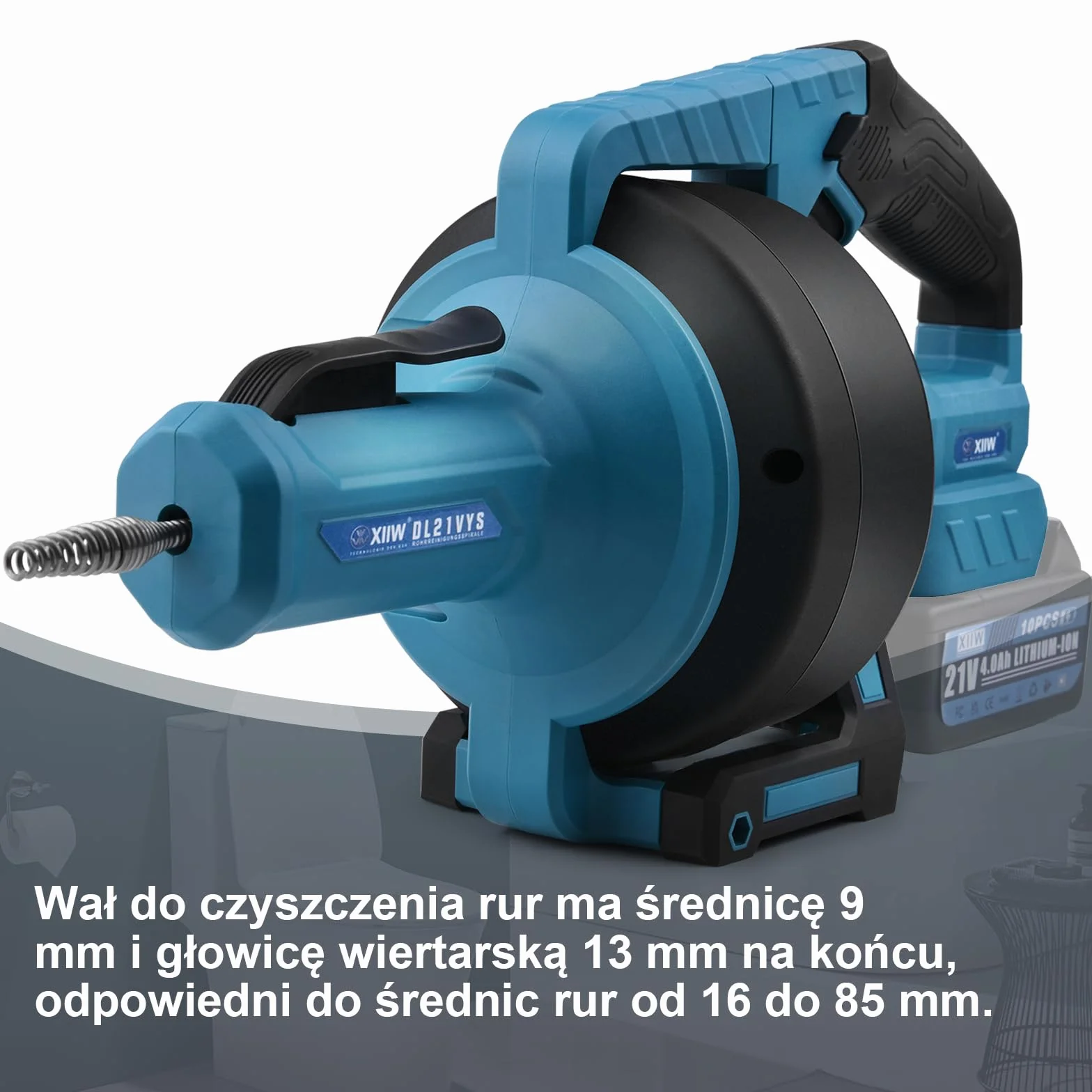 Akumulatorowa maszyna do czyszczenia rur 21V 610 obr./min | z 2x akumulatorami 4,0Ah | Ø9mm 7,6M spirala do czyszczenia rur do rurociągów Ø16-85 mm, elektryczny czyszczyk odpływów, czyszczyk rur