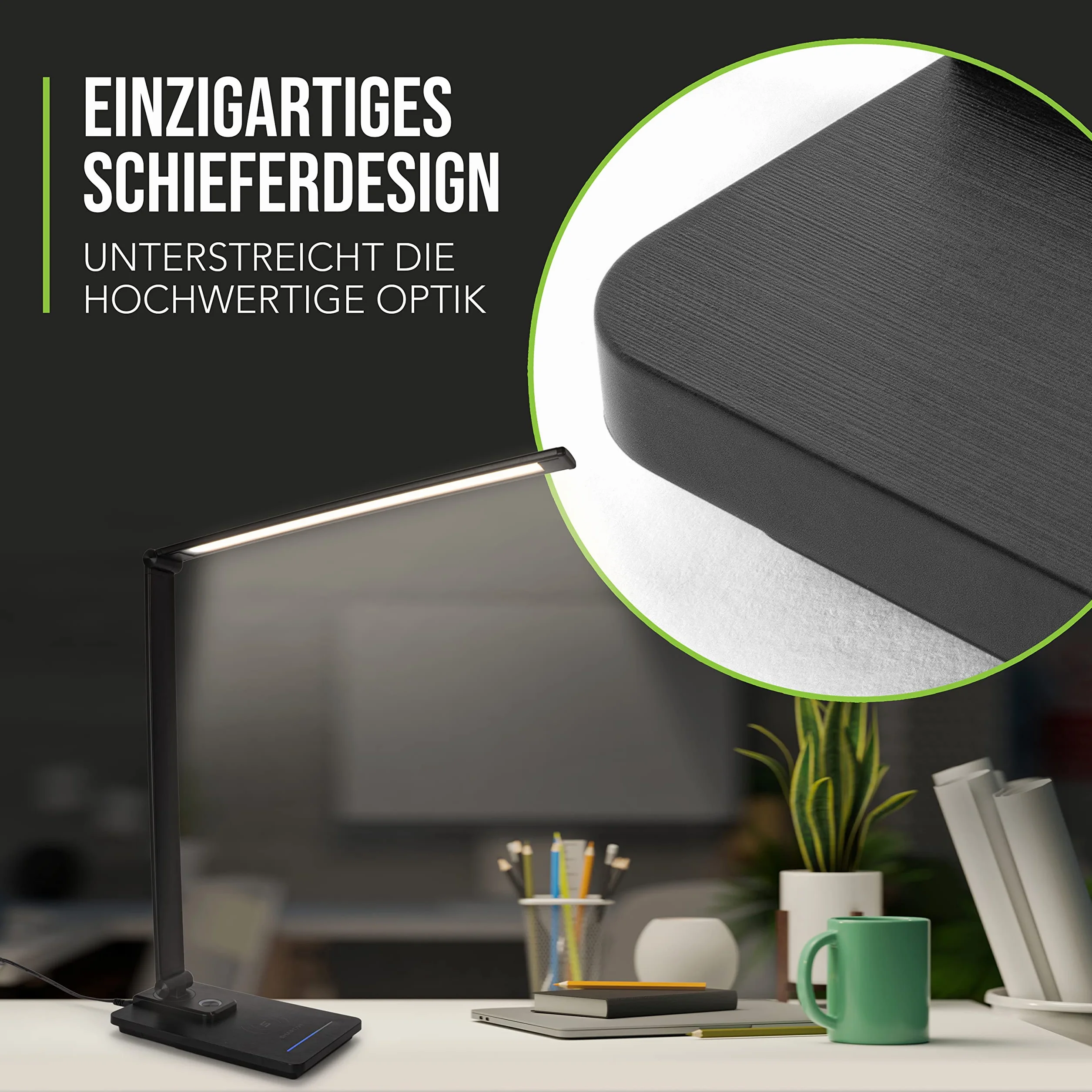 SMARTIVE | Designerska lampa biurkowa z funkcją bezprzewodowego ładowania – lampa biurowa LED z bezprzewodowym ładowaniem 10 W – przyjazne dla oczu światło ściemniane i ładowanie bez kabla | czarna +