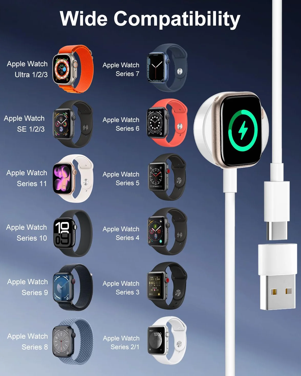 Ładowarka magnetyczna do Apple Watch z kablem 2M szybkie ładowanie bezprzewodowe Apple Watch Series 11/10/9/8/7/6/5/4/3/2/SE/Ultra