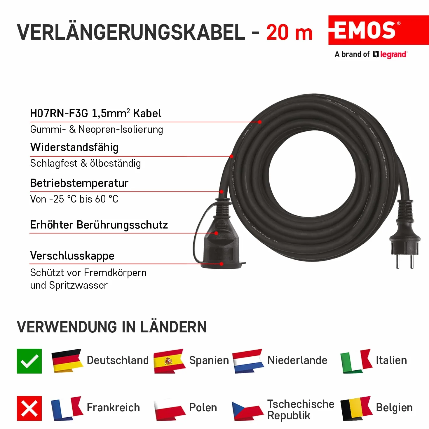 EMOS Przedłużacz IP44 20 m 1 gniazdko Schuko 230 V 16 A 3680 W H07RN-F3G 1,5 mm2 czarny