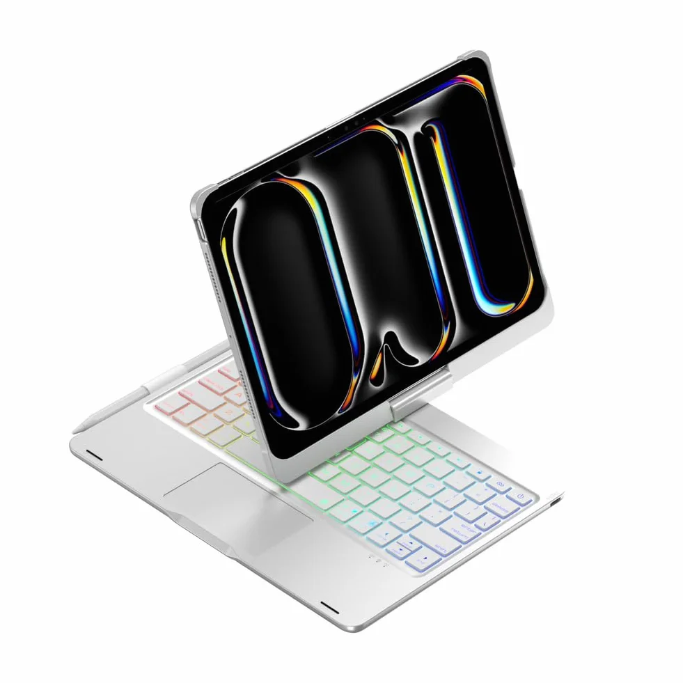 Etui z Klawiaturą do iPad Air 13 (M3 2025 / M2 2024) / Pro 12.9 (6. / 5. / 4. / 3. gen), Obrotowe 360°, Podświetlana Klawiatura 7 Kolorów z Gładzikiem, Silver