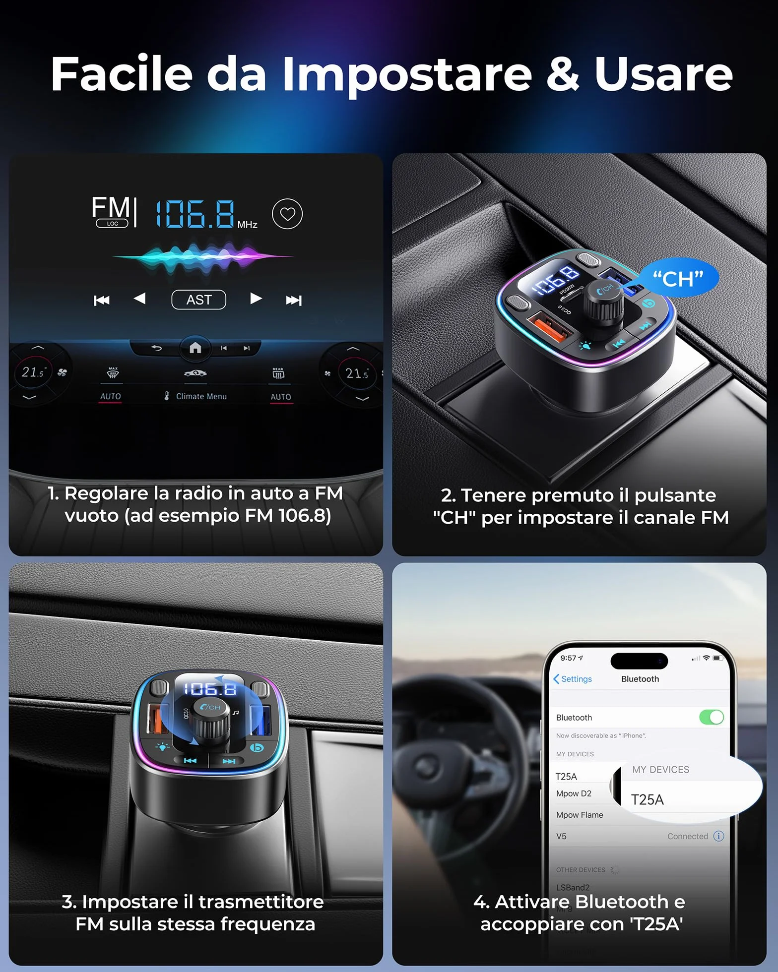 LENCENT Samochodowy transmiter FM Bluetooth 5.4, 54 W, samochodowy adapter Bluetooth, podwójne porty USB szybkie ładowanie (PD 36 W i QC3.0), adapter muzyczny, zestaw głośnomówiący, podwójny mikrofon