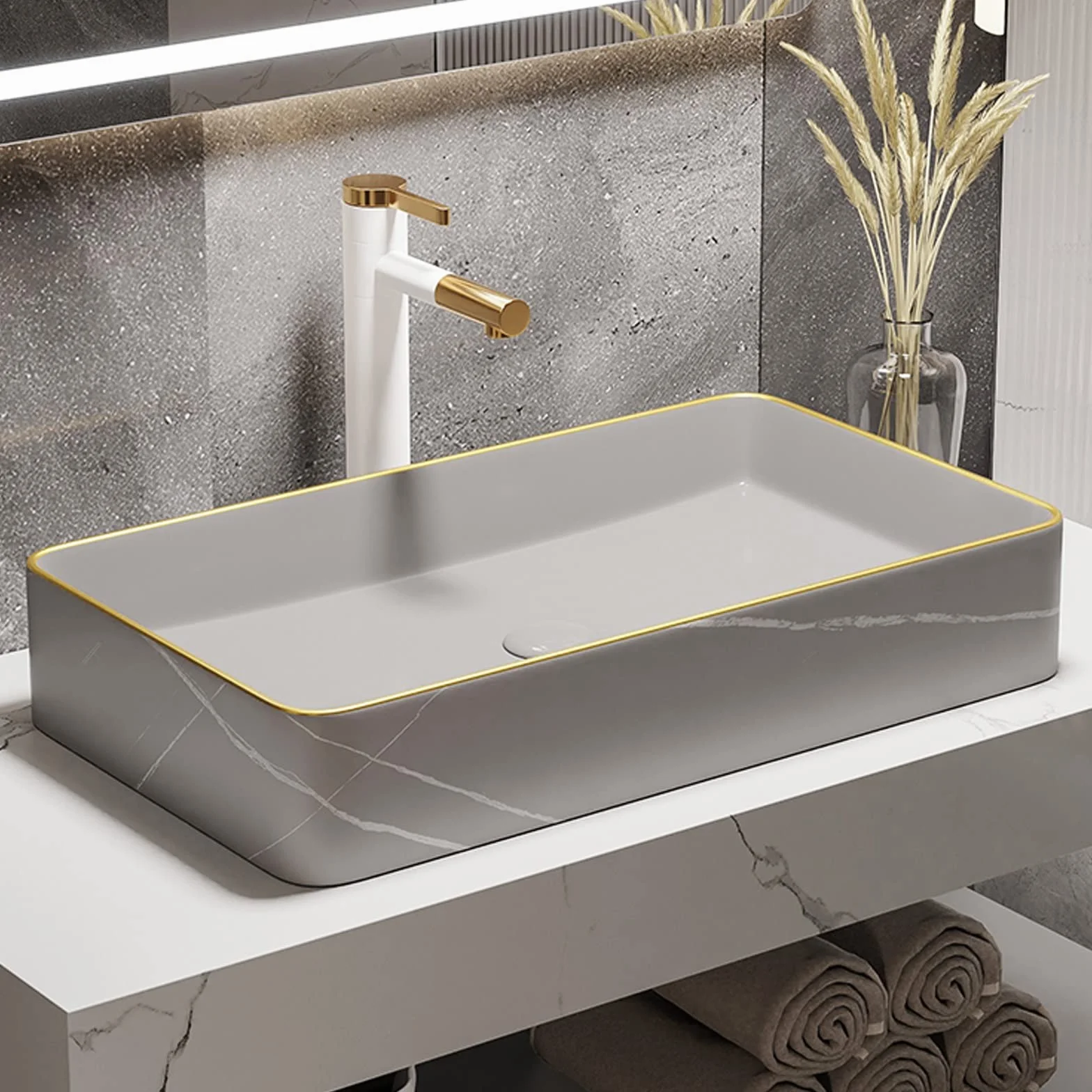 Umywalka łazienkowa Ceramiczny prostokątny zlew łazienkowy do umywalki nablatowej, do szafki, artystyczny hotel (wyskakujący odpływ i kran nie są dołączone) blat (szary)