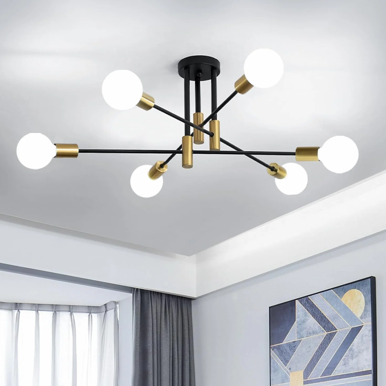 Comely Industrialna lampa sufitowa, 6-światłowy żyrandol Vintage Sputnik, nowoczesna metalowa lampa wisząca z podstawą E27 do salonu, sypialni, kuchni, jadalni, baru, kawiarni, średnica 72 cm