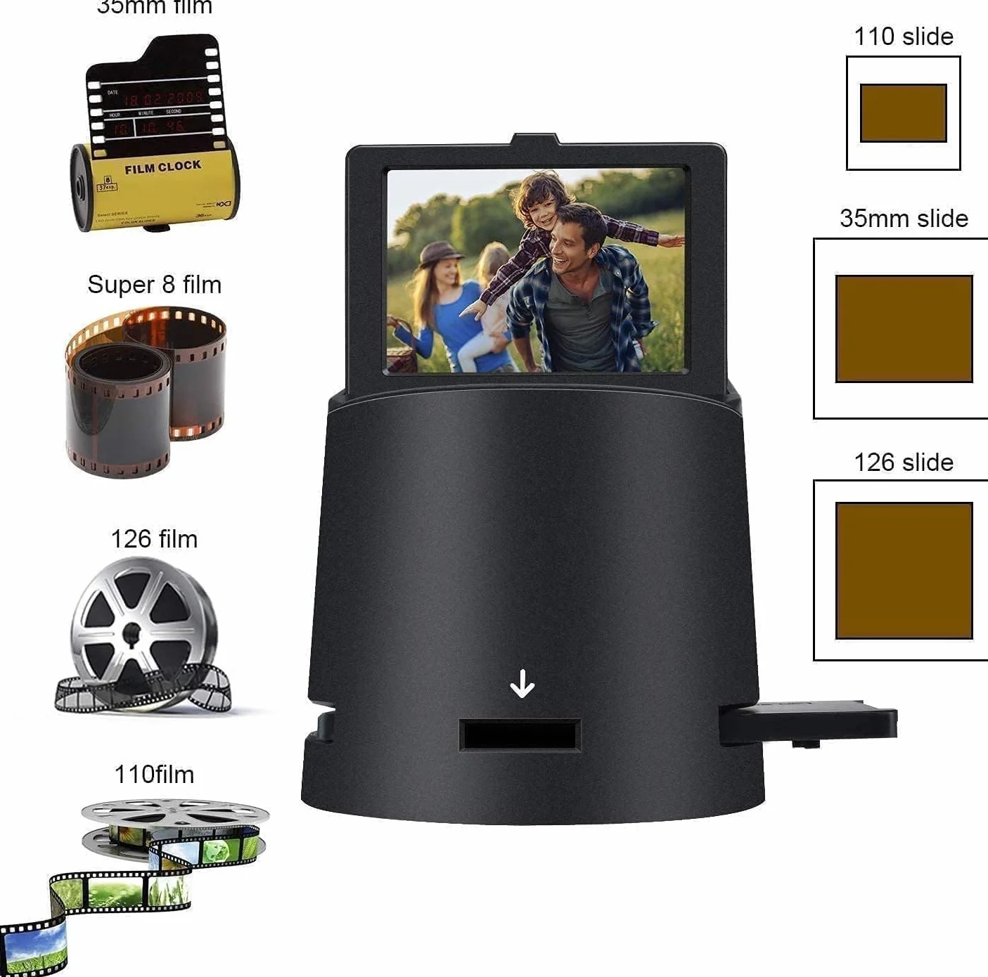 DigitConvert Skaner do slajdów negatywnych i foliowych - konwertuje negatywy i slajdy 35 mm, 126, 110, Super 8 i 8 mm do JPEG - odchylany wyświetlacz LCD 3,5", czarny