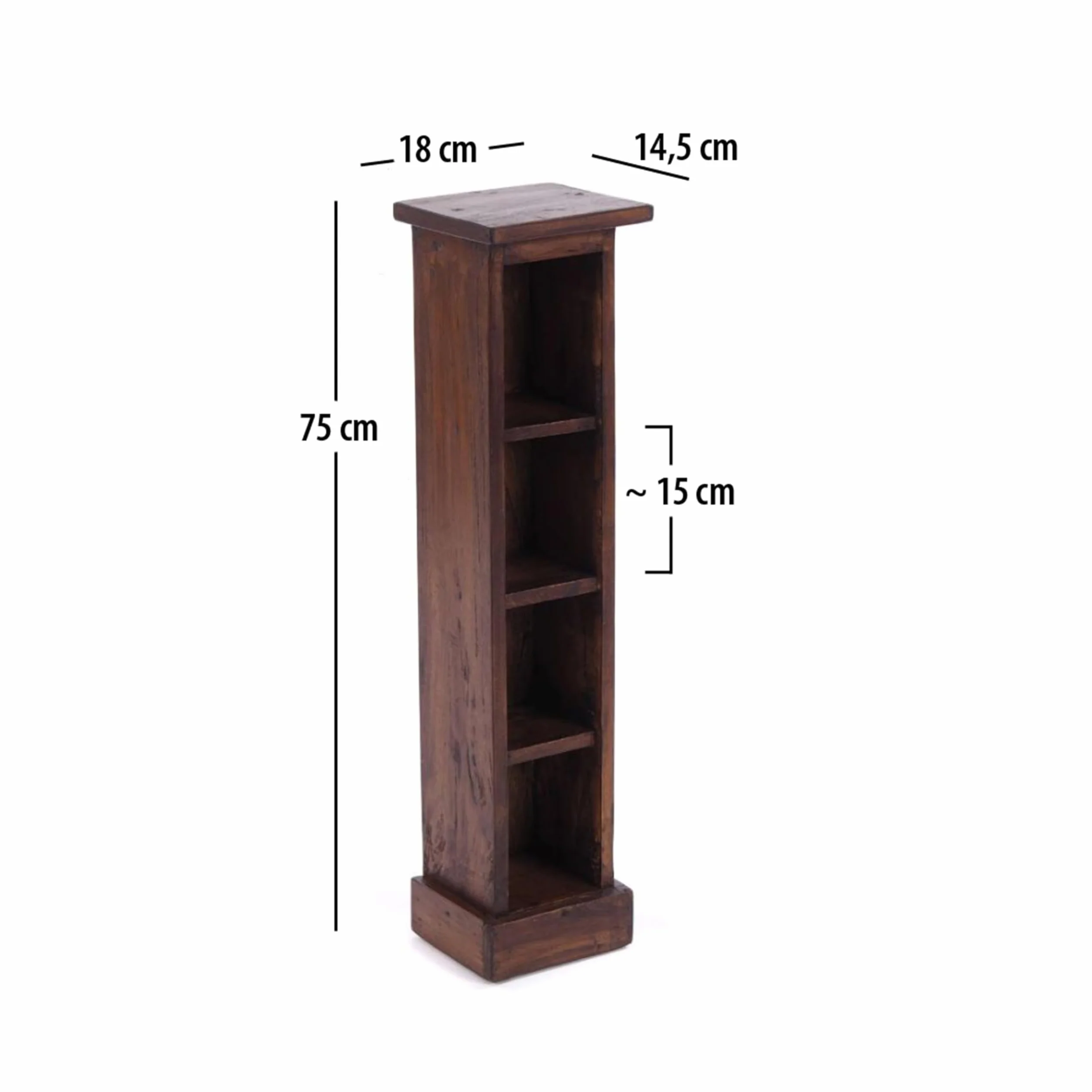 DESIGN DELIGHTS Rustykalny drewniany regał na płyty CD Tower | lite drewno mahoń, 75 x 18 x 14,5 cm (wys. x szer. x gł.) | drewniany regał z 4 półkami, przechowywanie płyt CD | kolor: 02 jasnobrązowy