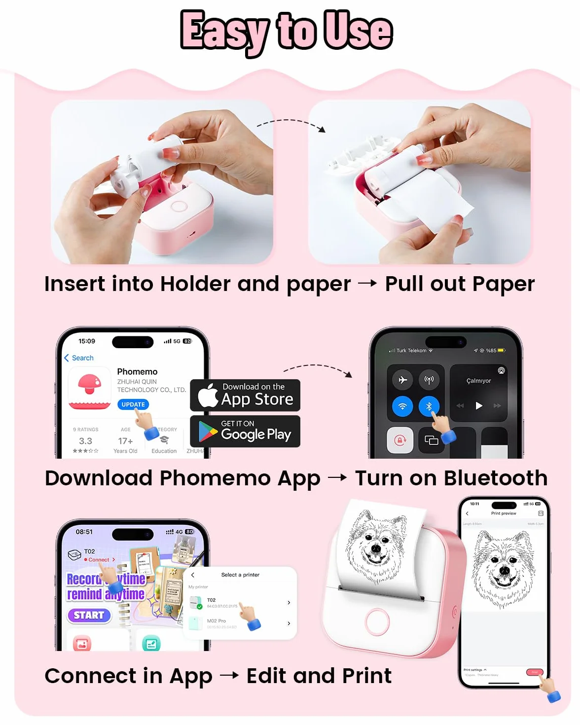 Phomemo T02 Mini drukarka etykiet Bluetooth 203DPI z 3 rolkami papieru termicznego