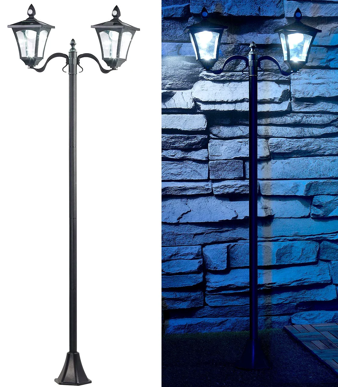 Royal Gardineer Solarna lampa ogrodowa: solarna lampa ogrodowa LED, 2 żarówki, czujnik PIR i zmierzchu, 200 lumenów (latarnia uliczna, lampa solarna z czujnikiem zmierzchu, ruch lampy)