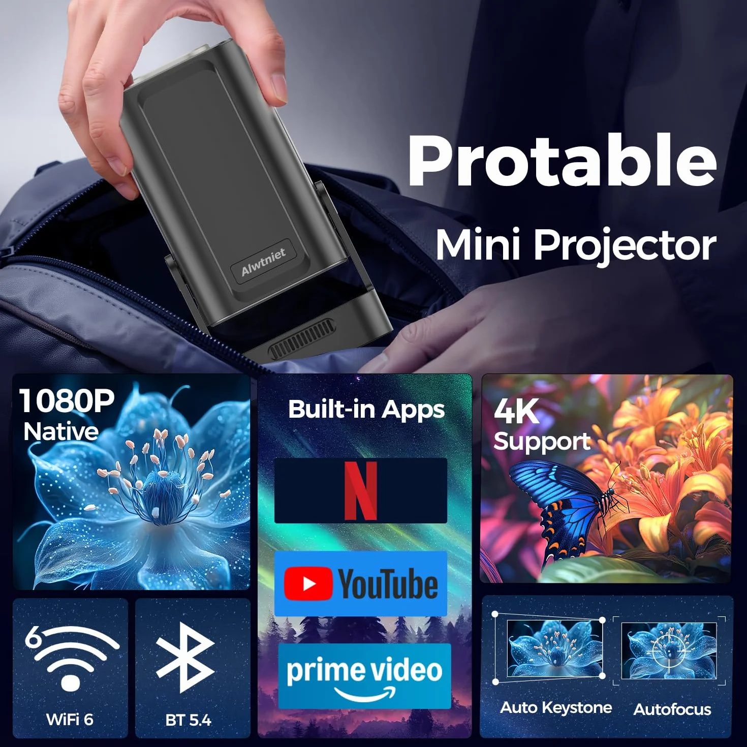 Alwtniet Mini Projektor 4K, Natywne 1080P, Przenośny z Androidem, Autofokus, Korekcja Keystone, WiFi 6, Bluetooth 5.4, Głośnik 5W, Obrót 180° HY310