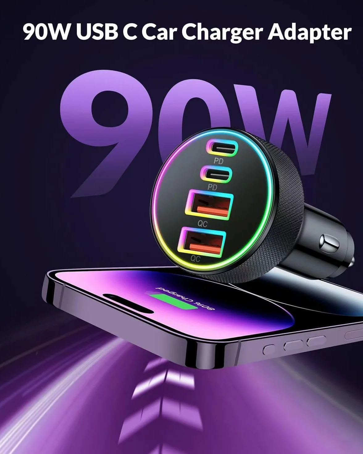 Zapalniczka samochodowa 90 W 4-portowa ładowarka USB-C i USB-A 12 V adapter do Samsung Galaxy