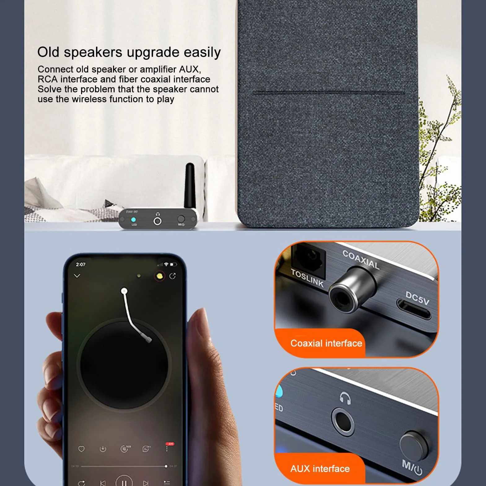 Odbiornik Bluetooth 5.2 Adapter Audio HiFi z APTX Niskie Opóźnienie Dalekiego Zasięgu Optyczne Koncentryczne AUX