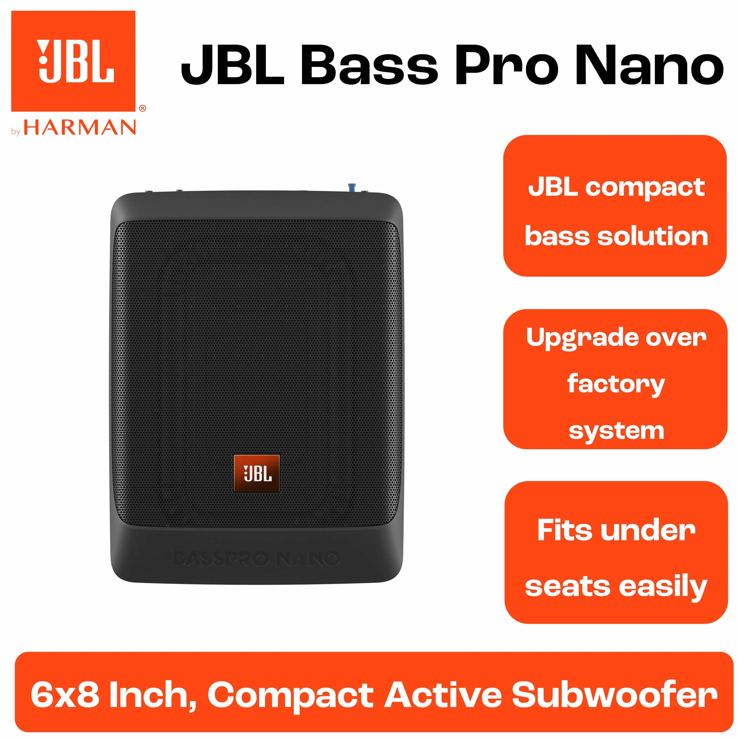 JBL BassPro Nano ultra kompaktowy, aktywny subwoofer pod siedzenie, zestaw do samochodu, 15 x 20 cm, 200 W,