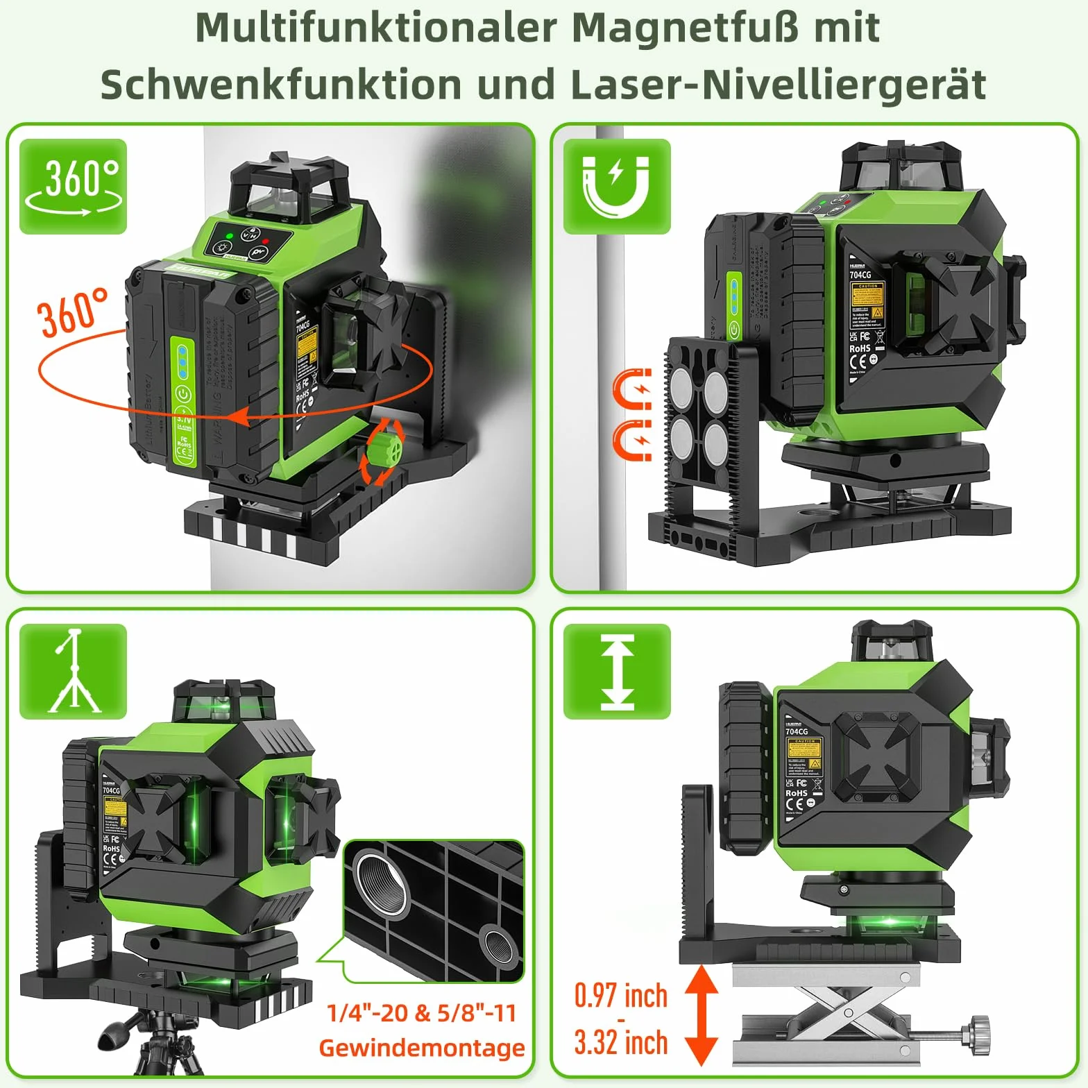 Huepar 4x360 Laser Cross Line 4D Automatyczne poziomowanie Zielone światło Linia krzyżowa 16 linii do płytek podłogowych Narzędzie laserowe-2x360 Pozioma/pionowa linia laserowa-Akumulator 704CG