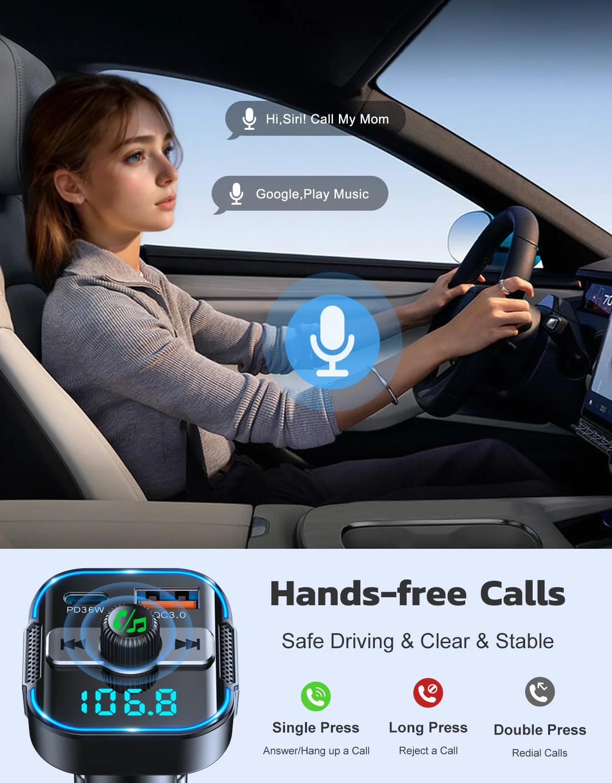 Glangeh adapter samochodowy Bluetooth 5.3 FM 2 w 1 szybka ładowarka 36W