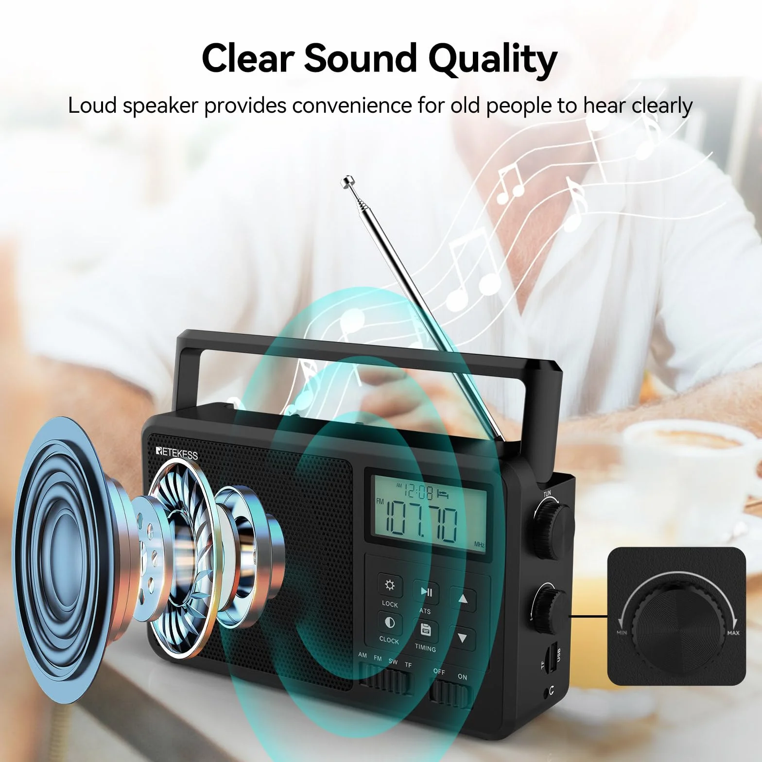 Retekess TR638 Przenośne Radio AM FM SW LCD Strojenie Cyfrowe TF USB
