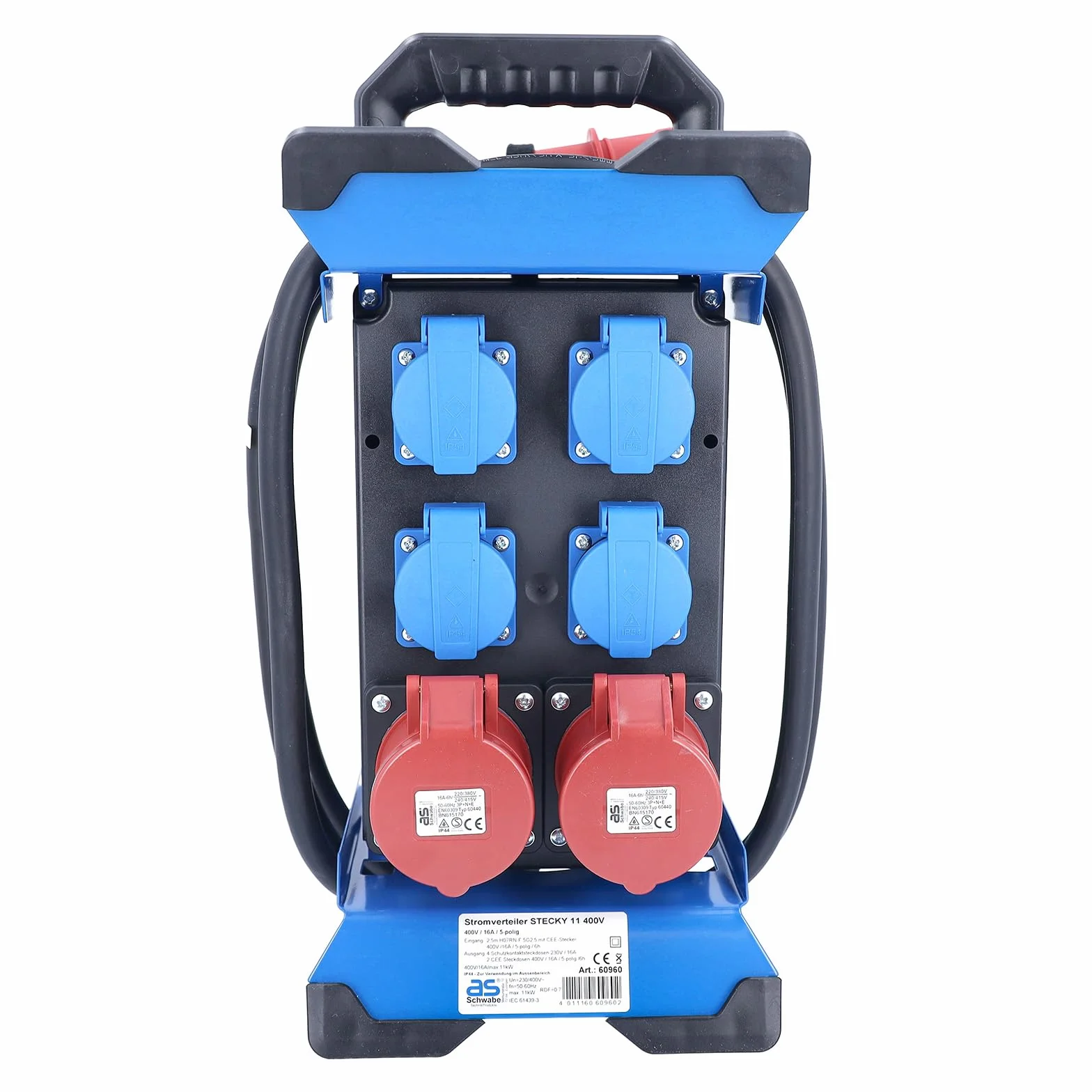 Schwabe STECKY 11 CEE-Stromverteiler 2,5 m Gummischlauchleitung H07RN-F 5G2,5 4 Schuko 230V 16A 2 CEE-Steckdosen 400V 16A IP44 Schwarz