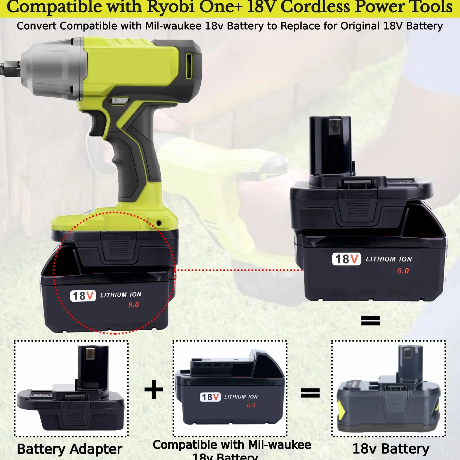 Tulepowceeng Adapter akumulatorowy kompatybilny z narzędziami Ryobi 18 V ONE+, kompatybilny z Dewalt 20 V i kompatybilny z baterią litową Milwaukee M18 18 V w celu wymiany baterii Ryobi 18 V