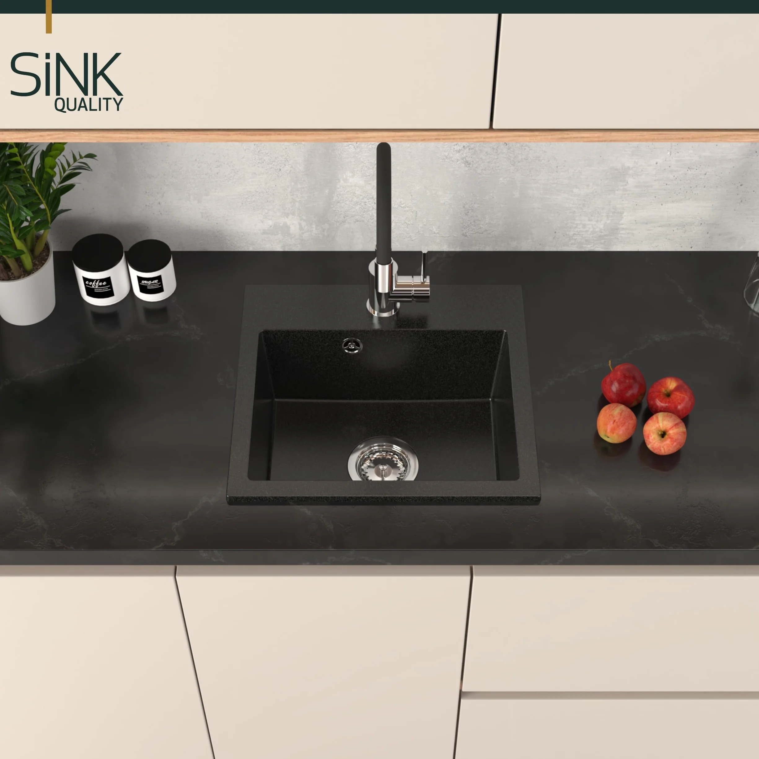 SINK Quality beżowy zlewozmywak z armaturą zestaw 45 × 42 cm – zlewozmywak z kranem, syfonem i impregnacją – kompletny zestaw z granitu – zlewozmywak do szafki pod umywalkę od 45 cm