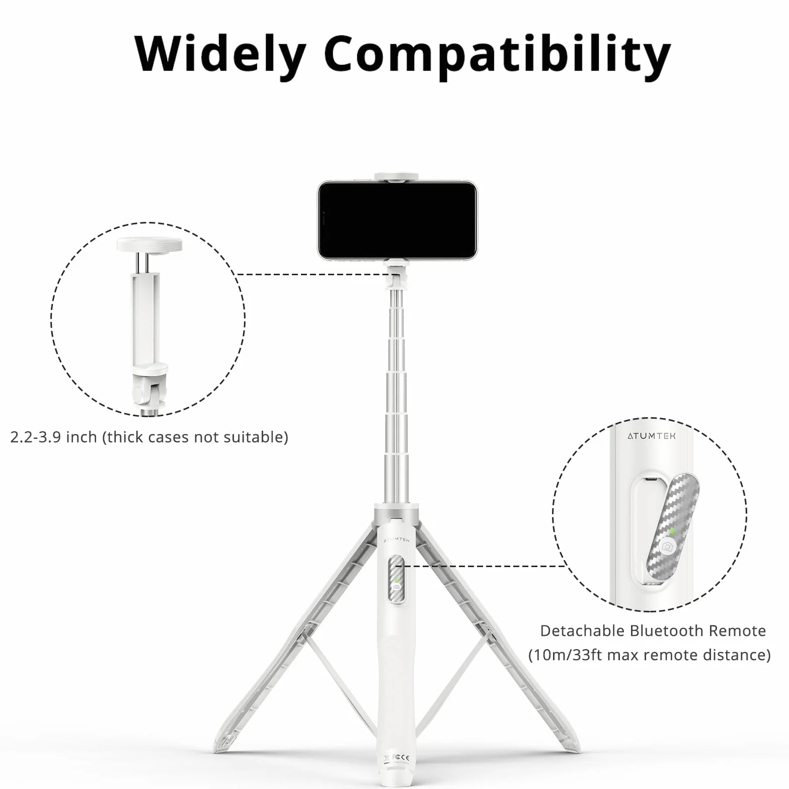 ATUMTEK Kijek do selfie 130 cm Bluetooth aluminiowy trójnożny do iPhone Android