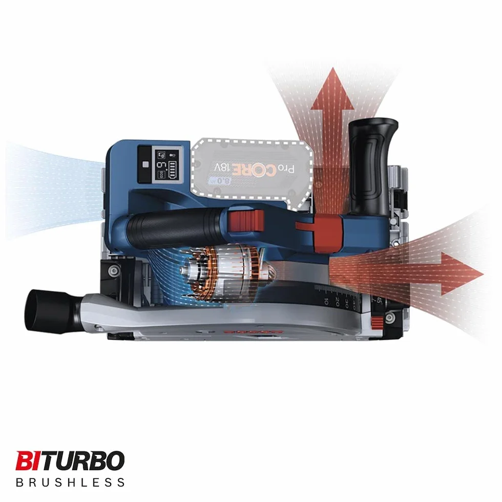 Bosch Professional system 18V: akumulatorowa zagłębiarka tarczowa BITURBO GKT 18V-52 GC (średnica tarczy pilarskiej 140 mm, 1 tarcza pilarska, worek na pył, 1 moduł Bluetooth, walizka L-BOXX)