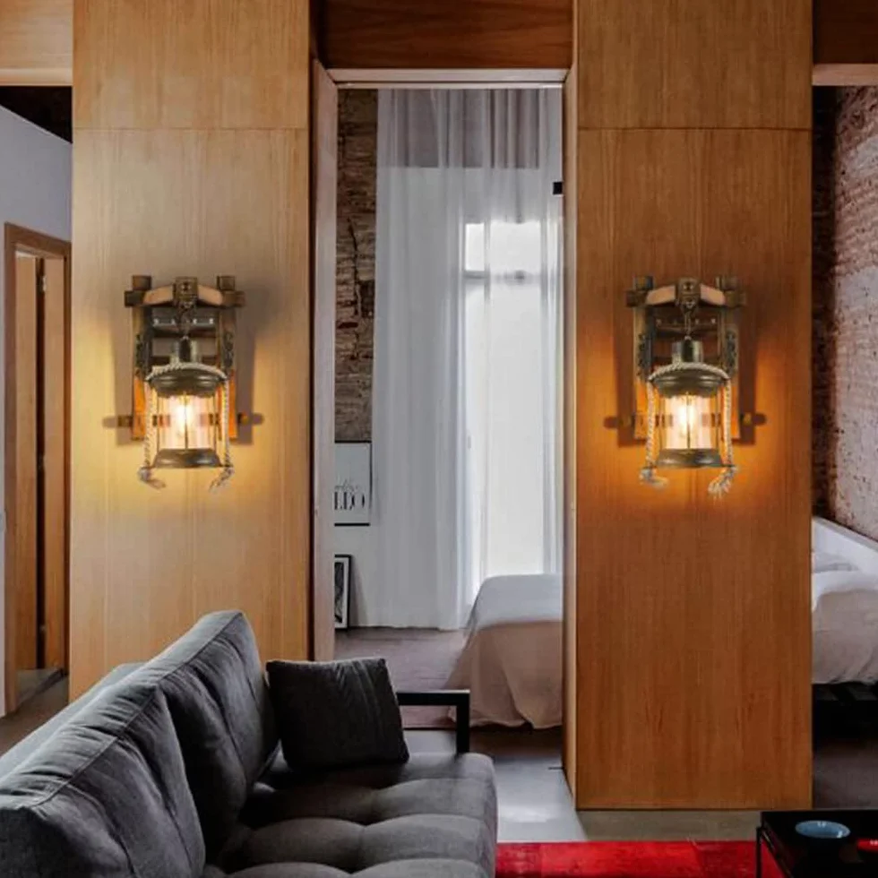 Retro Drewniana Lampa ścienna Kinkiet Schodowy Kreatywna Bambusowa Lampa Wisząca Vintage Konopna Lina Rustykalny Kinkiet Szklany klosz Kinkiety Do Sypialni Restauracja Hotel Korytarz Jadalnia