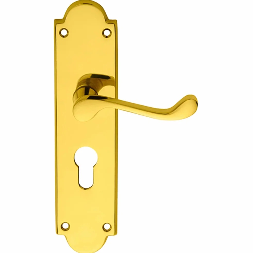 Para wiktoriańskich dźwigni przewijania na tylnej płycie Euro Lock - 205 x 49 mm - polerowany mosiądz, tradycyjna dźwignia na klamce drzwi tylnych, okucia do drzwi wewnętrznych - dostępne opcje zamka,