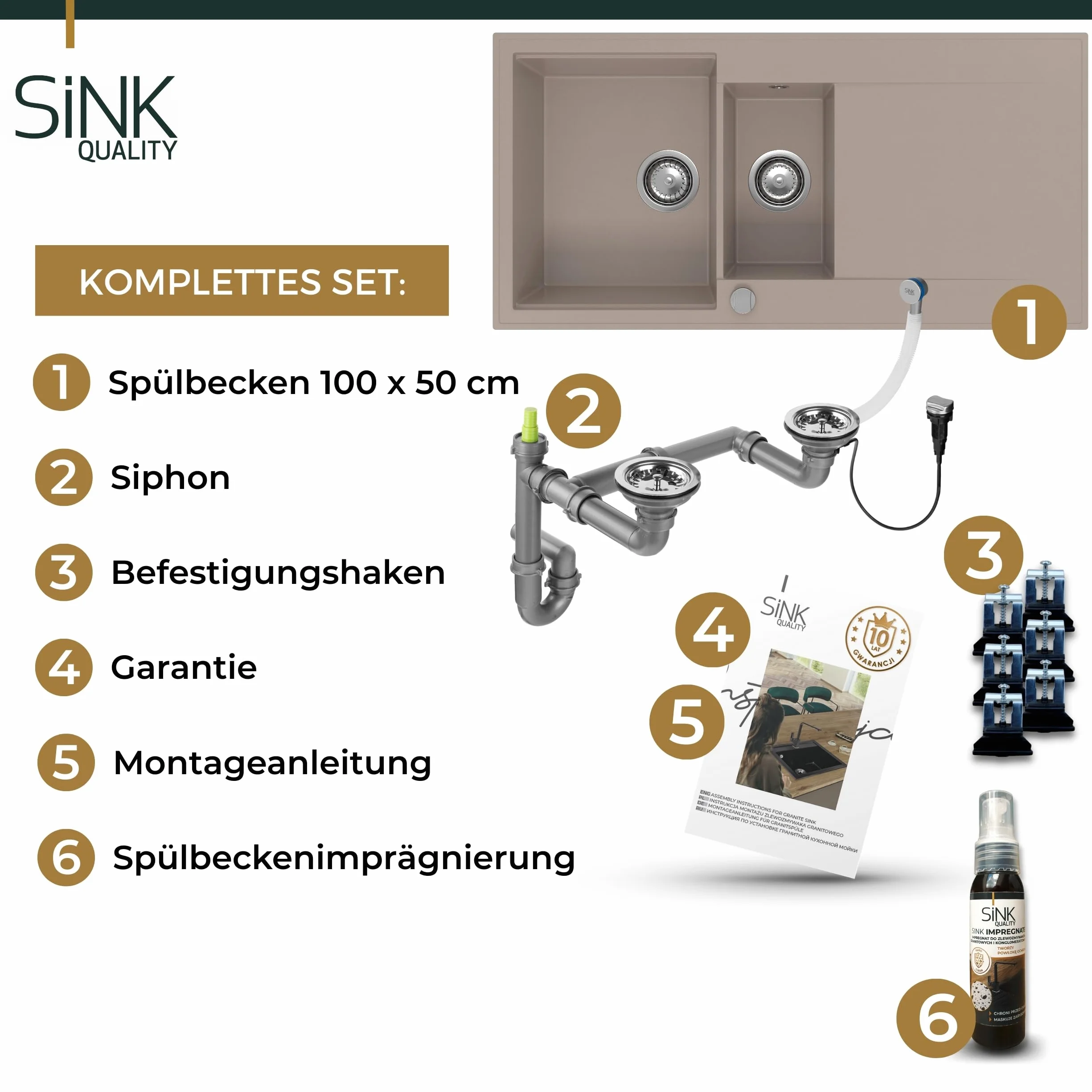 SINK Quality zlewozmywak beżowy 100 x 50 cm, zlewozmywak granitowy 1,5 umywalka, zlewozmywak z syfonem i środkiem impregnującym, zlewozmywak kuchenny od szafki pod umywalkę 60