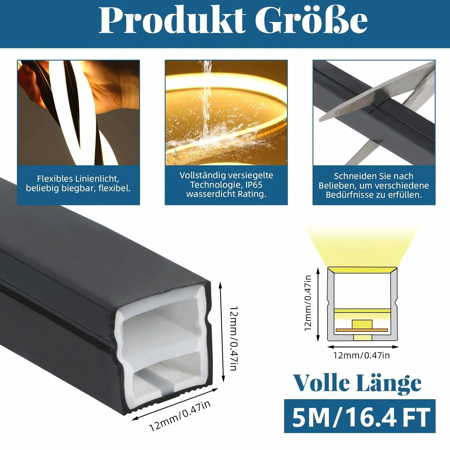 Elastyczny silikonowy profil LED, 5 m, 12 x 12 mm, szyna LED do taśm LED 8 mm paneli akustycznych, IP65, wodoszczelny dyfuzor kanałowy LED do sufitu, szafy, baru, oświetlenie paneli akustycznych
