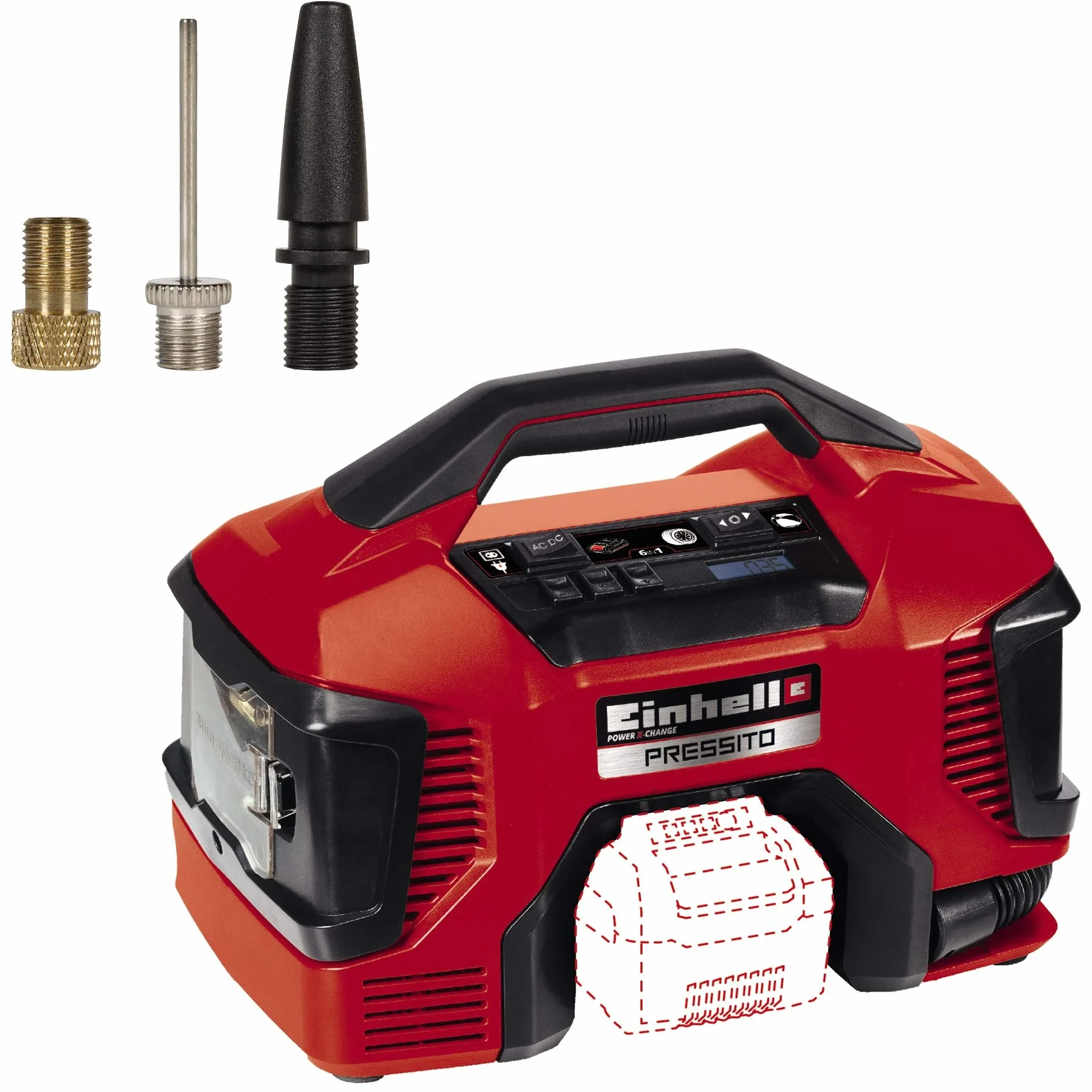 Einhell Kompresor akumulatorowy PRESSITO Power X-Change (Li-ion, 18/230 V, maks. 11 bar, długość węża 71 cm, funkcja hybrydowa, w tym 3-częściowy zestaw adapterów, bez akumulatora i ładowarki)