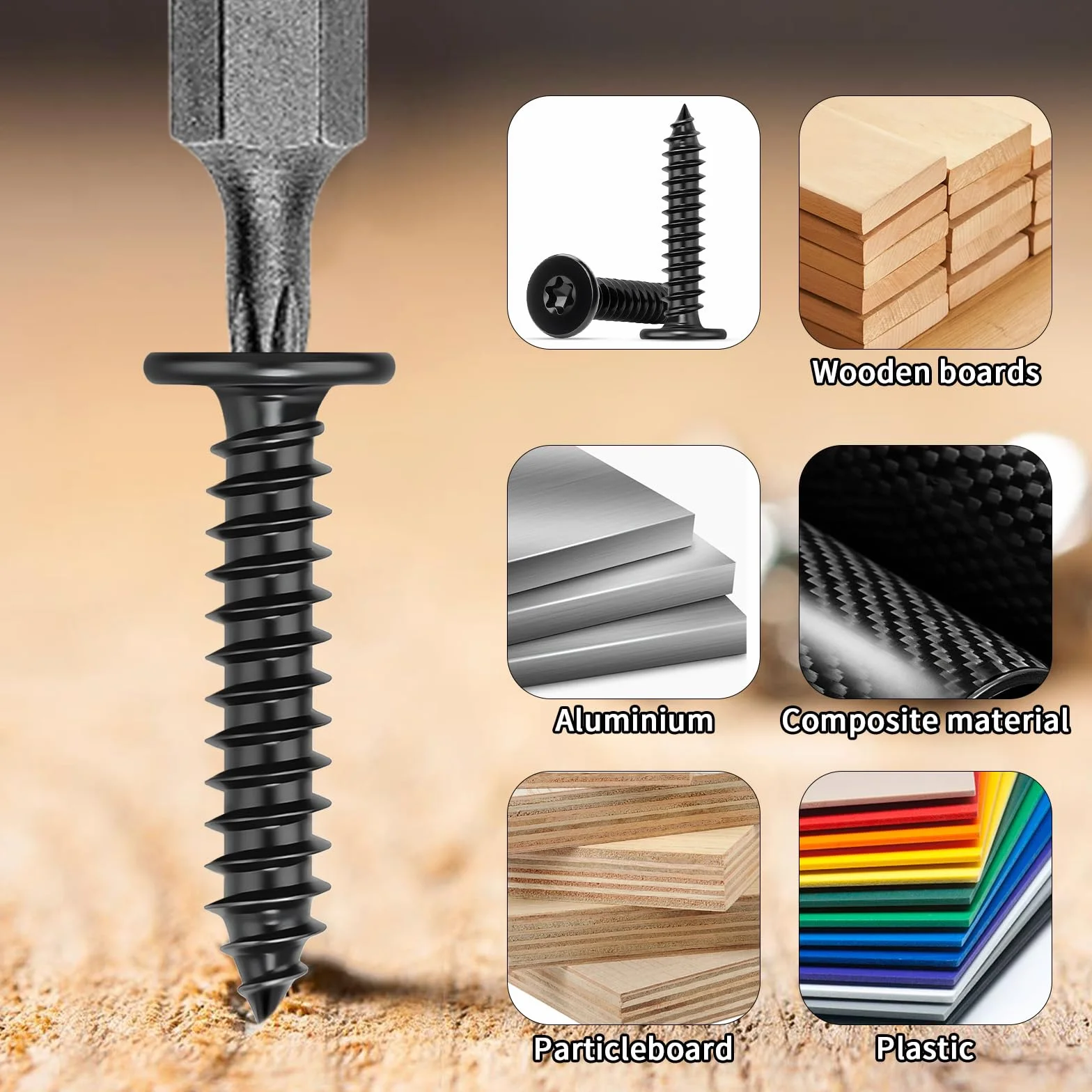 Wkręty do drewna M4 x 10 mm, stal nierdzewna, 100 sztuk, wkręty samogwintujące Torx, czarne, śruby ze stali nierdzewnej, wkręty do drewna, wkręty z płaskim łbem