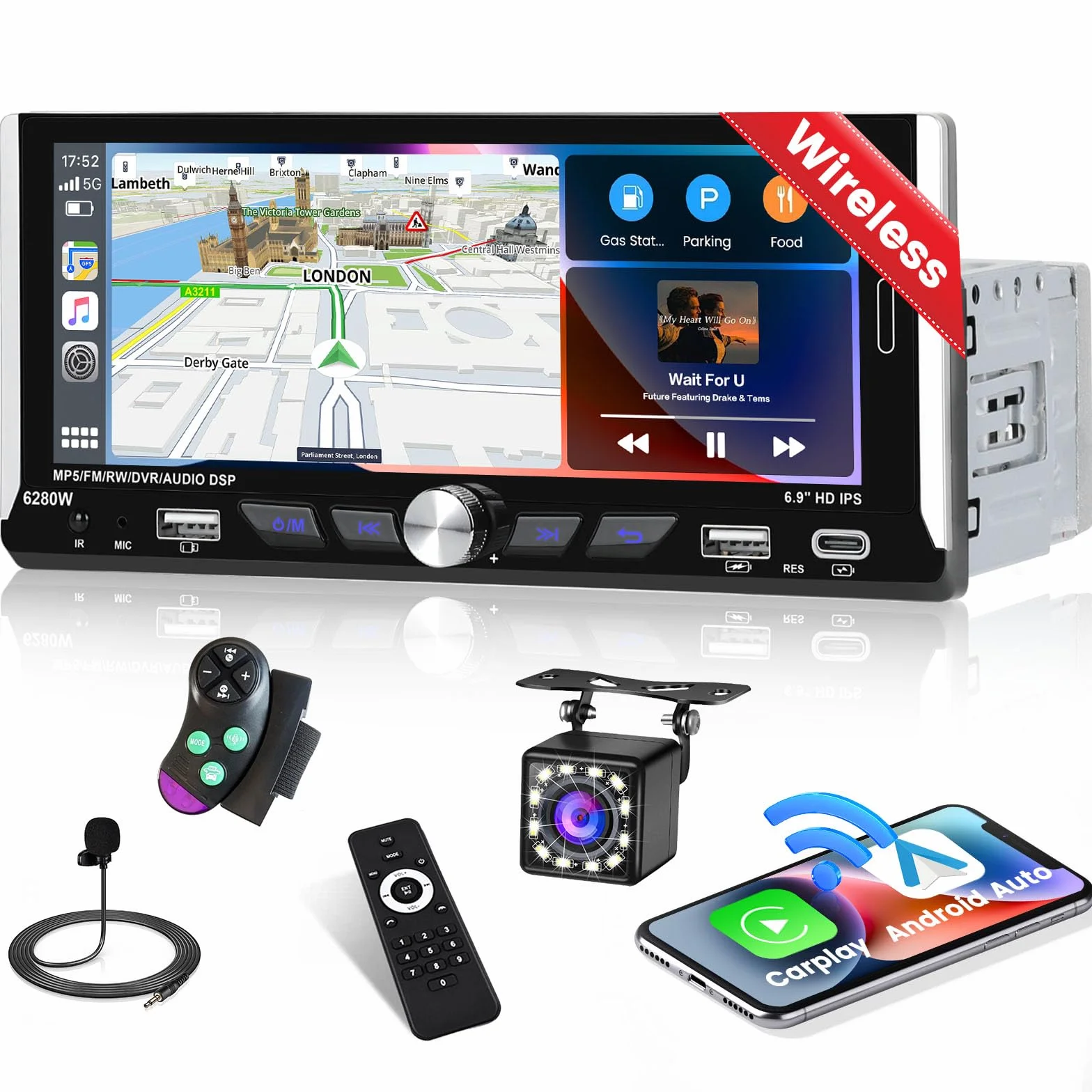Inefala Radio Bluetooth 1 Din z bezprzewodowym Carplay i Android Auto, radio samochodowe 1 Din z wyświetlaczem 6,9 cali z Mirror Link RDS/FM AUX SWC kamera cofania Type-C i podwójne złącza USB