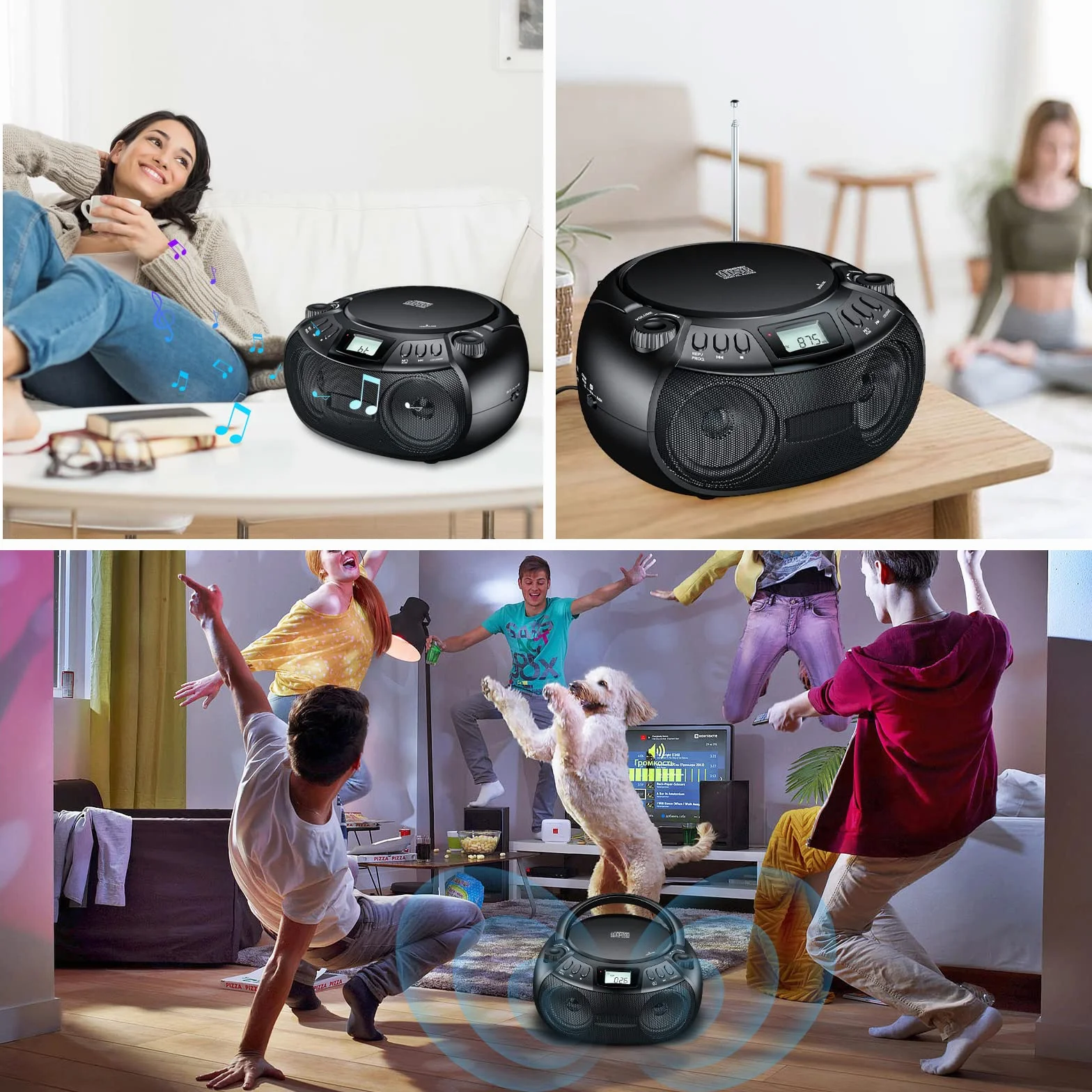 Gueray Przenośny odtwarzacz CD Boombox z Bluetooth, radio FM AM radio, głośnik stereo, wejście USB i AUX oraz porty słuchawkowe, wyświetlacz LCD 2 x 3 W RMS stereo