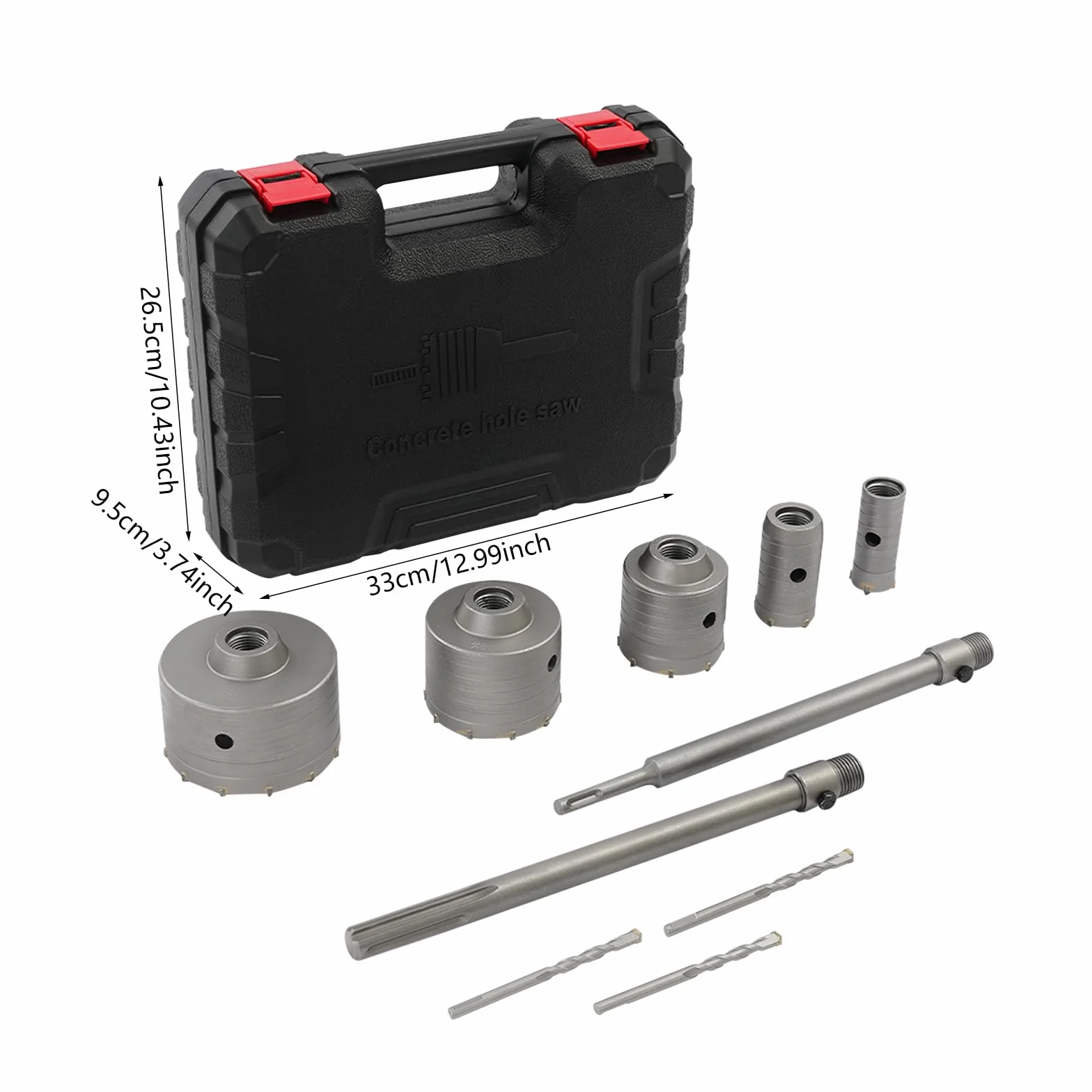 Zestaw wierteł do otworów – Ø 30/40/68/80/100 mm + Ø 8 x 110 mm wiertło centrujące + trzpień SDS Plus i Max 300 mm, w walizce na narzędzia, wiertło ścienne do betonu, do cegły, gliny, pianki i ścian