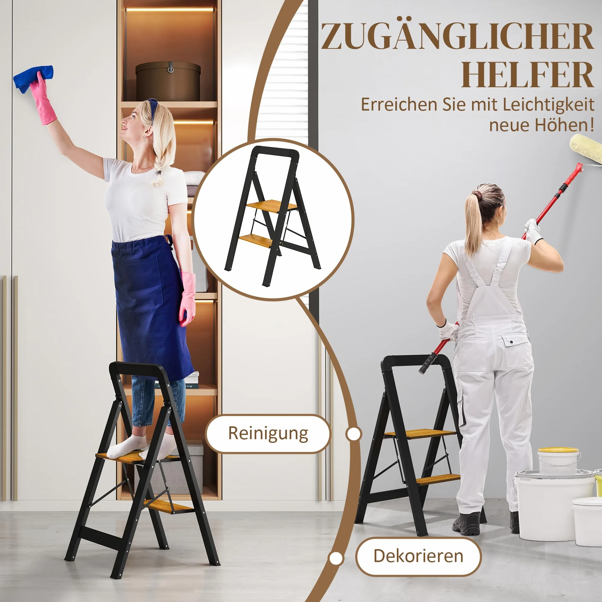 HOMCOM Drabina składana z 2 stopniami, drabina stojąca z uchwytem, antypoślizgowa platforma, obciążenie do 150 kg, aluminium, czarna, 44,5 x 48 x 86,3 cm