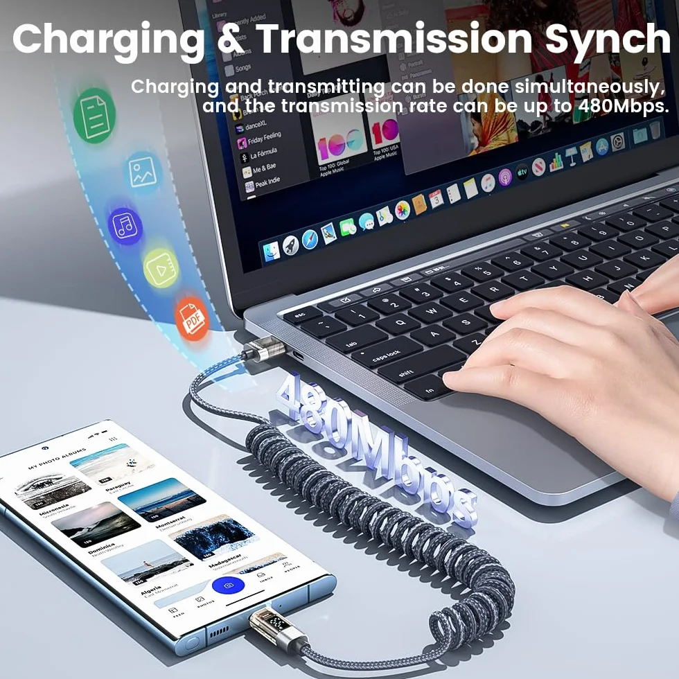 toocki Kabel USB C 6 A, super szybkie ładowanie, 1,8 m, rozciągliwy kabel do ładowania LED, wskaźnik wydajności, kabel spiralny wysokowydajny do Galaxy S24/S23/S22/Huawei P40/Mate 30/Xiao-mi, do