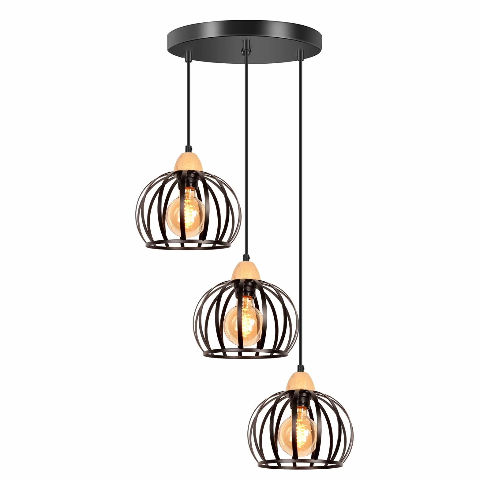 iDEGU 3 Światła Nowoczesny żyrandol wiszący 20 cm Vintage Drewniane i metalowe lampy sufitowe Projekt klatki Lampa wisząca do sypialni salonu kuchni restauracji (okrągła, czarna)