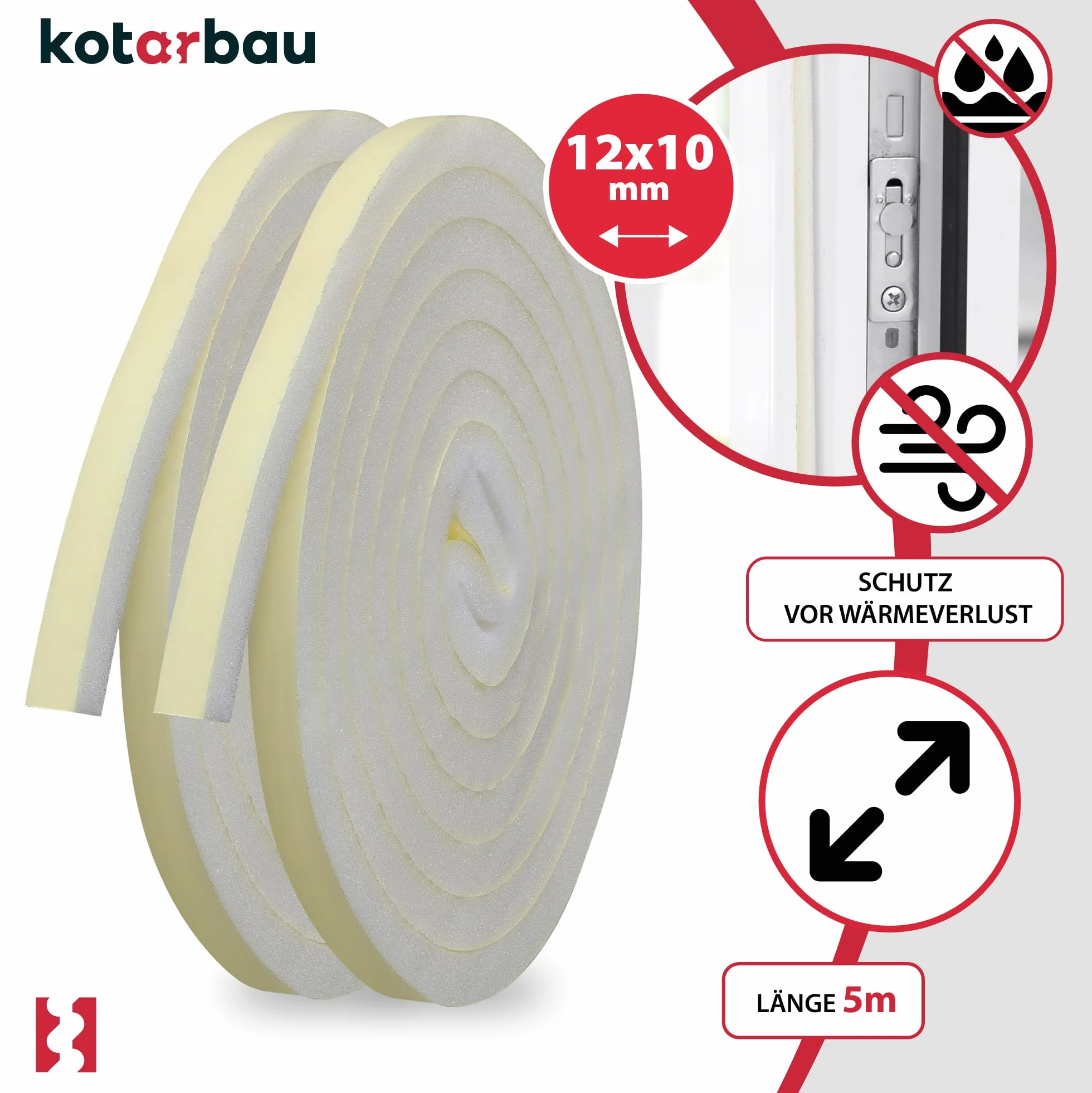 KOTARBAU® 2 szt. taśmy uszczelniającej piankowej 10x12 mm x 2,5 m grubości PU3 Taśma uszczelniająca do okien samoprzylepna Taśma uszczelniająca do drzwi samoprzylepna Uszczelka okienna s