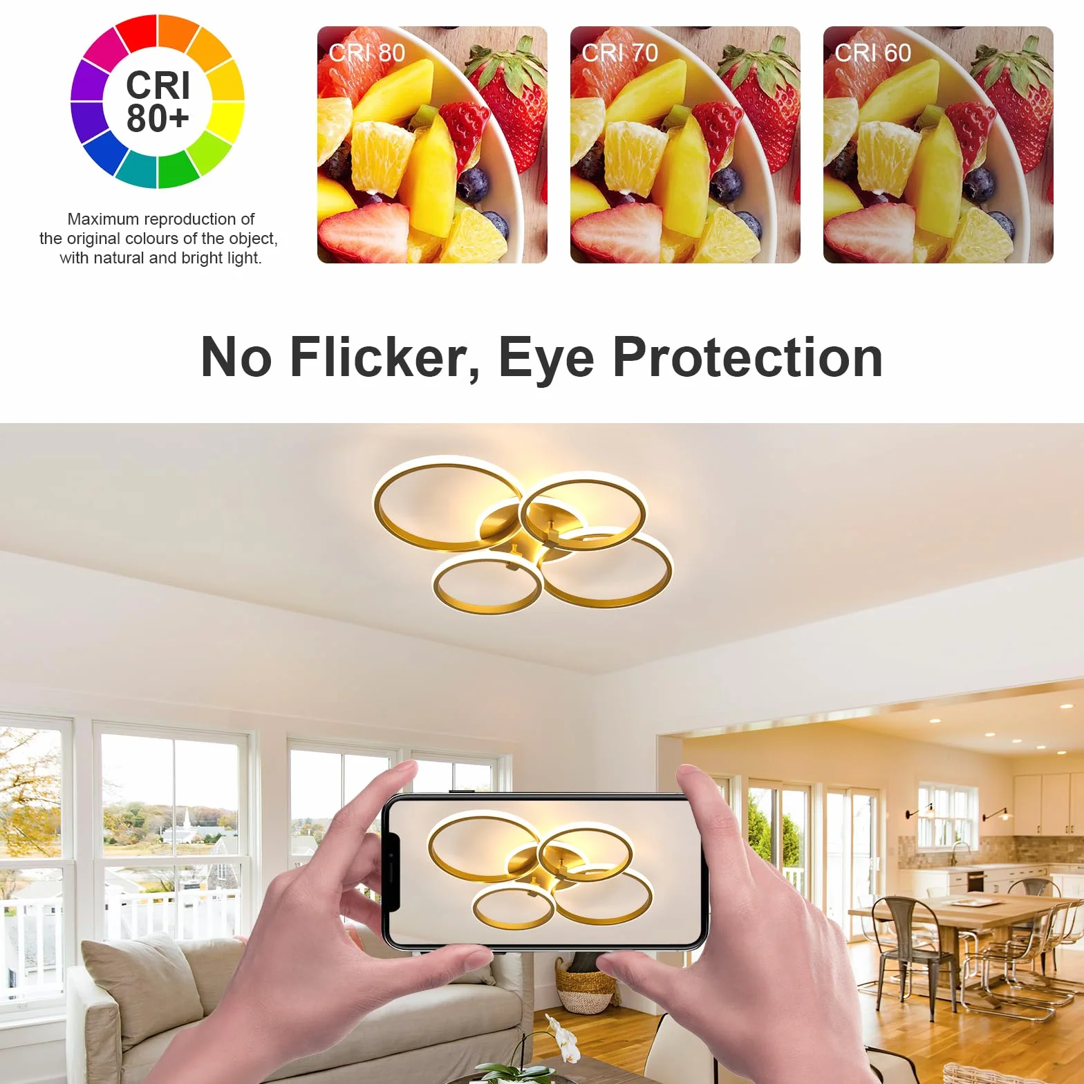 Comely Regulowany Plafon LED, 36W Nowoczesna Oprawa Sufitowa Z Pilotem/3000K-6500K, 4 Pierścienie Okrągła Złota Lampa Sufitowa Do Salonu Sypialni Jadalni, 69 CM