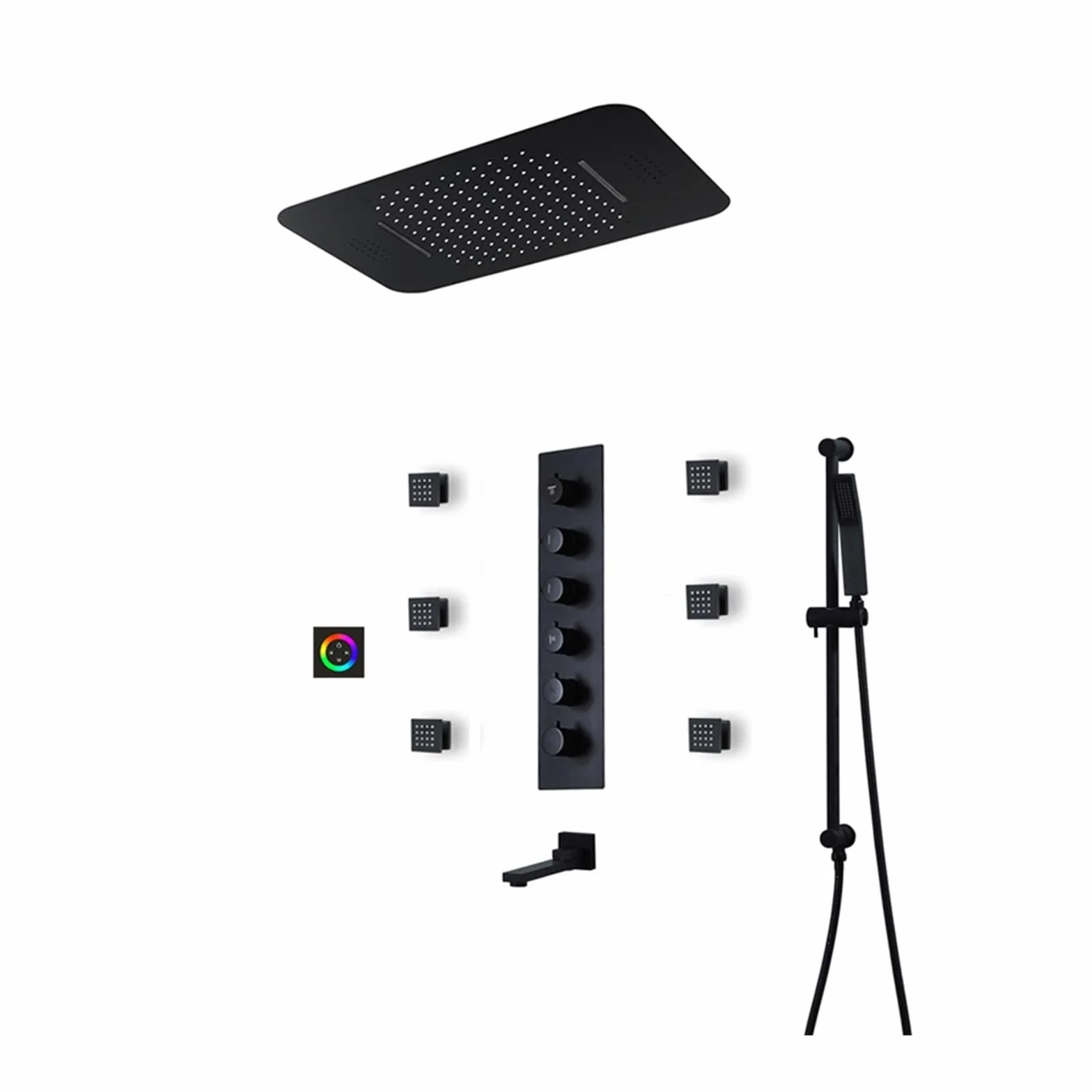 Czarny luksusowy zestaw systemów prysznicowych, wysoki przepływ wody deszczownica LED prysznic z głośnikiem do muzyki Panel prysznicowy, bateria termostatyczna mosiężny kran(Large Style 5)