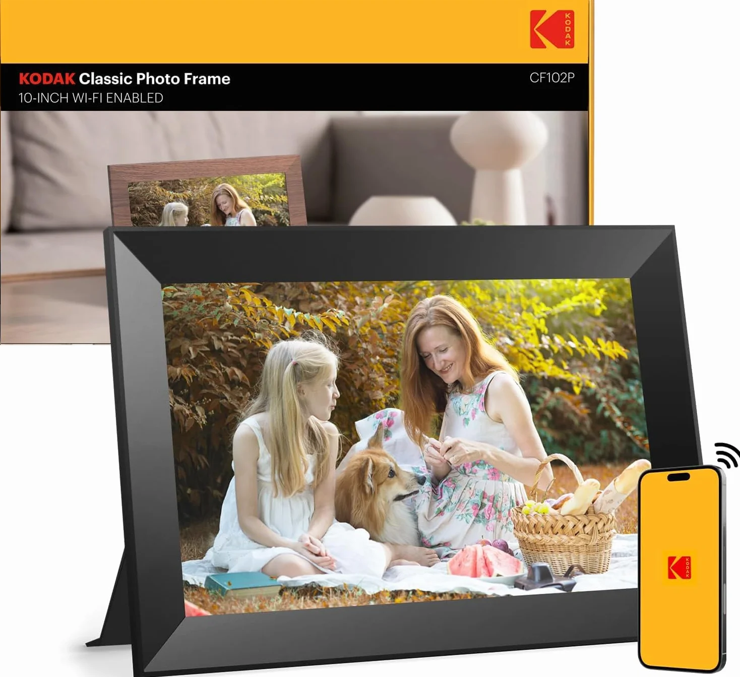KODAK Cyfrowa ramka na zdjęcia Wi-Fi 10,1", ekran dotykowy HD IPS, elektroniczna ramka na zdjęcia z pamięcią 32 GB, automatyczne obracanie zdjęć, udostępnianie zdjęć lub filmów w dowolnym miejscu za