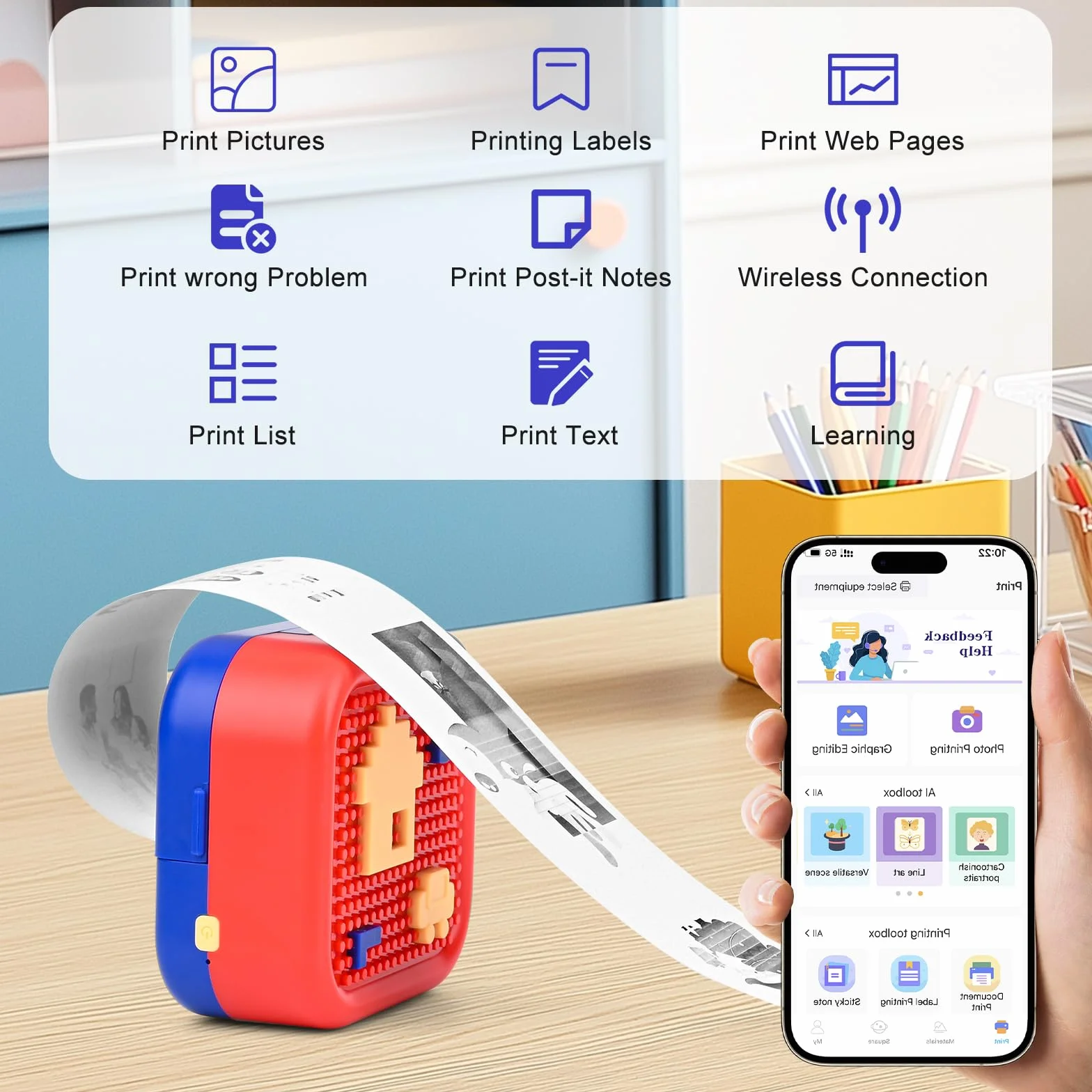 Bezprzewodowa mini drukarka fotograficzna Bluetooth z 13 rolkami do smartfona