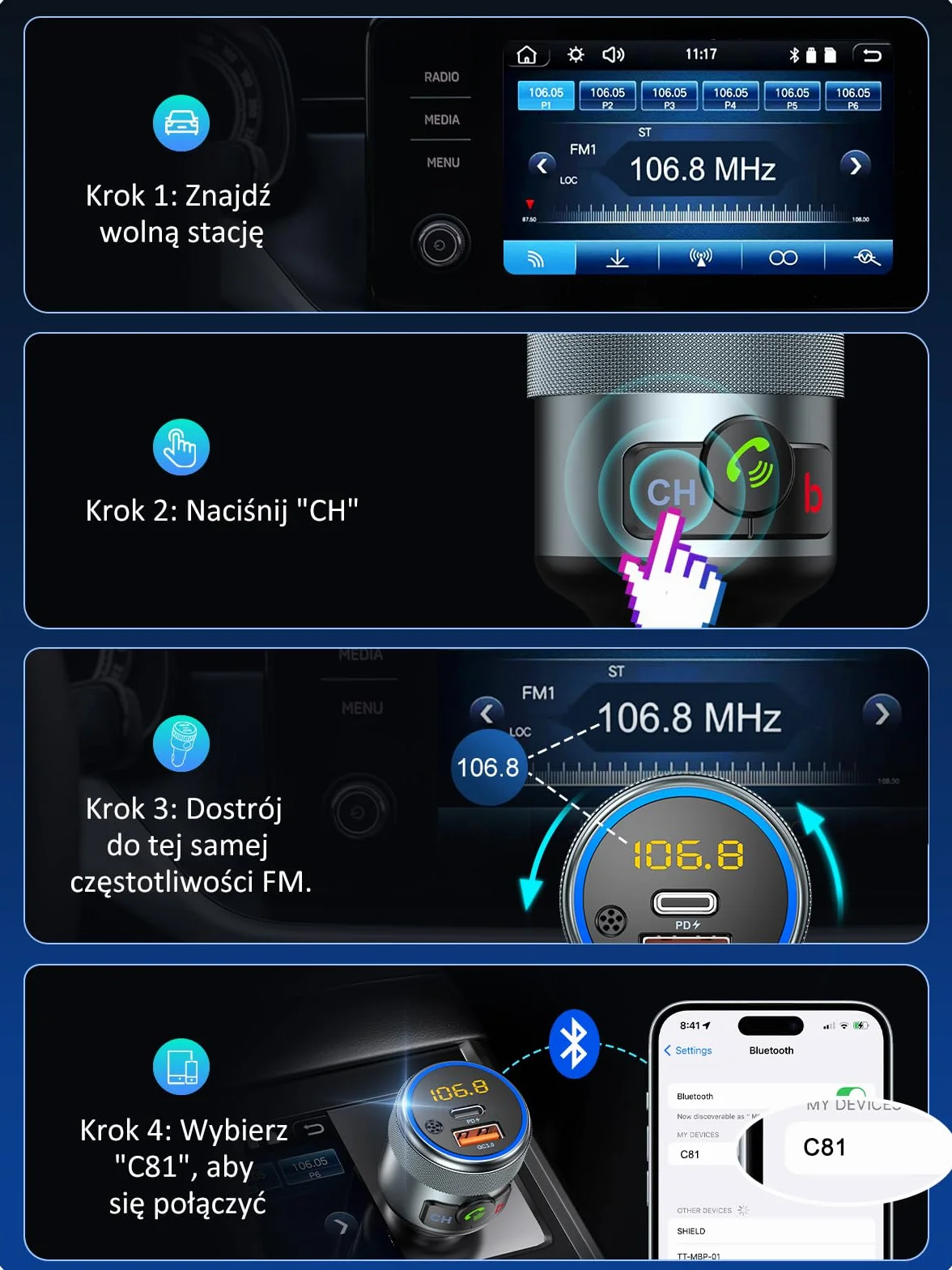 LENCENT 5.1 Nadajnik FM Bluetooth Samochodowy Bezprzewodowy Adapter Radiowy z PD3.0 USB-A i QC3.0 USB-C Ładowarka