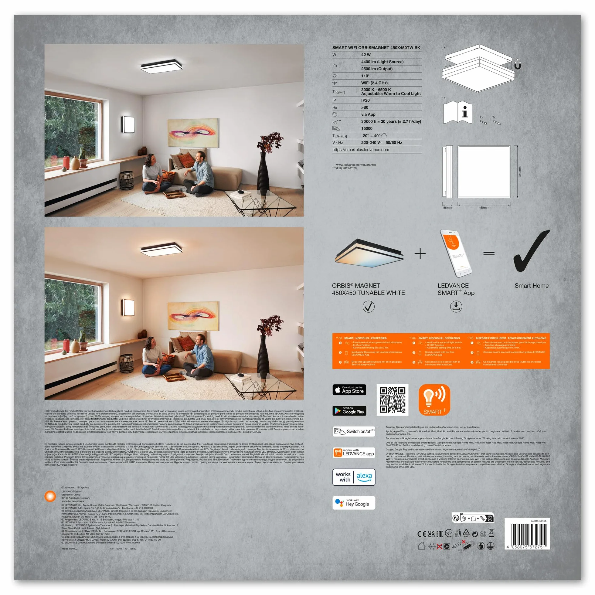 LEDVANCE Oprawa oświetleniowa: for sufit, DECORATIVE CEILING WITH WIFI TECHNOLOGY / 42 W, 220…240 V, kąt rozsyłu światła: 110°, Program Tunable White, 3000…6500 K, materiał: steel, IP20