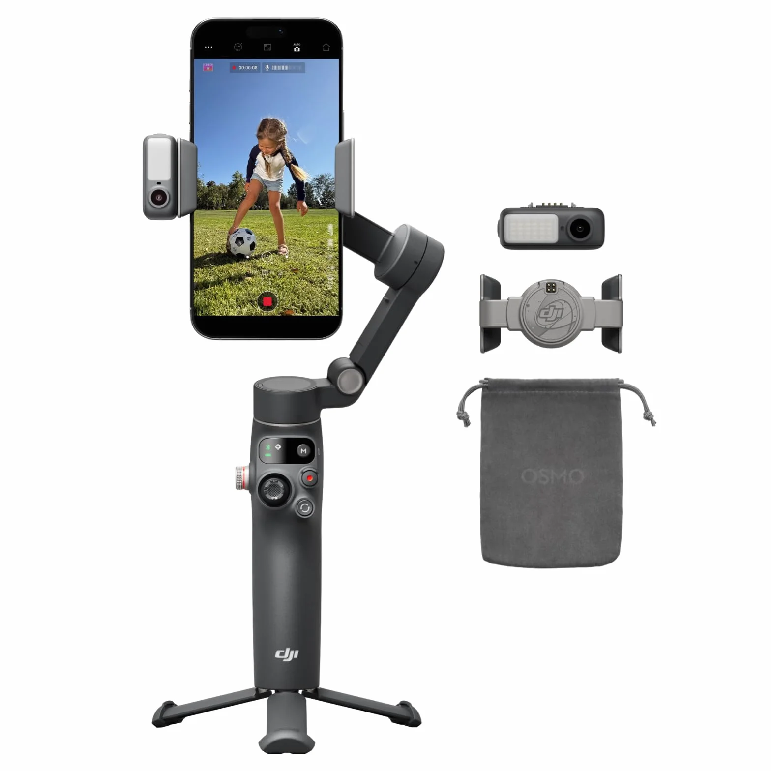 DJI Osmo Mobile 8 stabilizator gimbala do telefonu, natywne śledzenie z dźwiękiem i oświetleniem, obrót 360°, wbudowany drążek przedłużający i statyw, bateria 10 h, drążek przedłużający, solidna