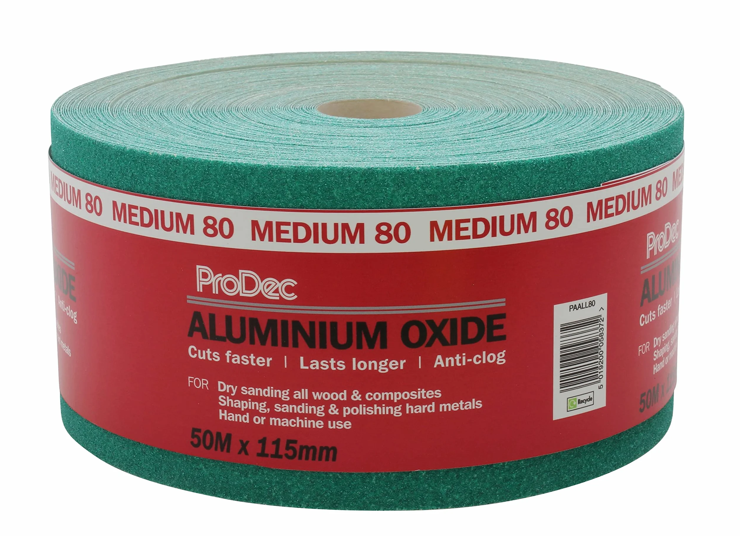 ProDec 50 m rolka 80 g średnioziarnistego zielonego papieru ściernego z tlenkiem glinu do szlifowania drewna, farb, tynku, szpachli, metalu i innych materiałów, szerokość 115 mm